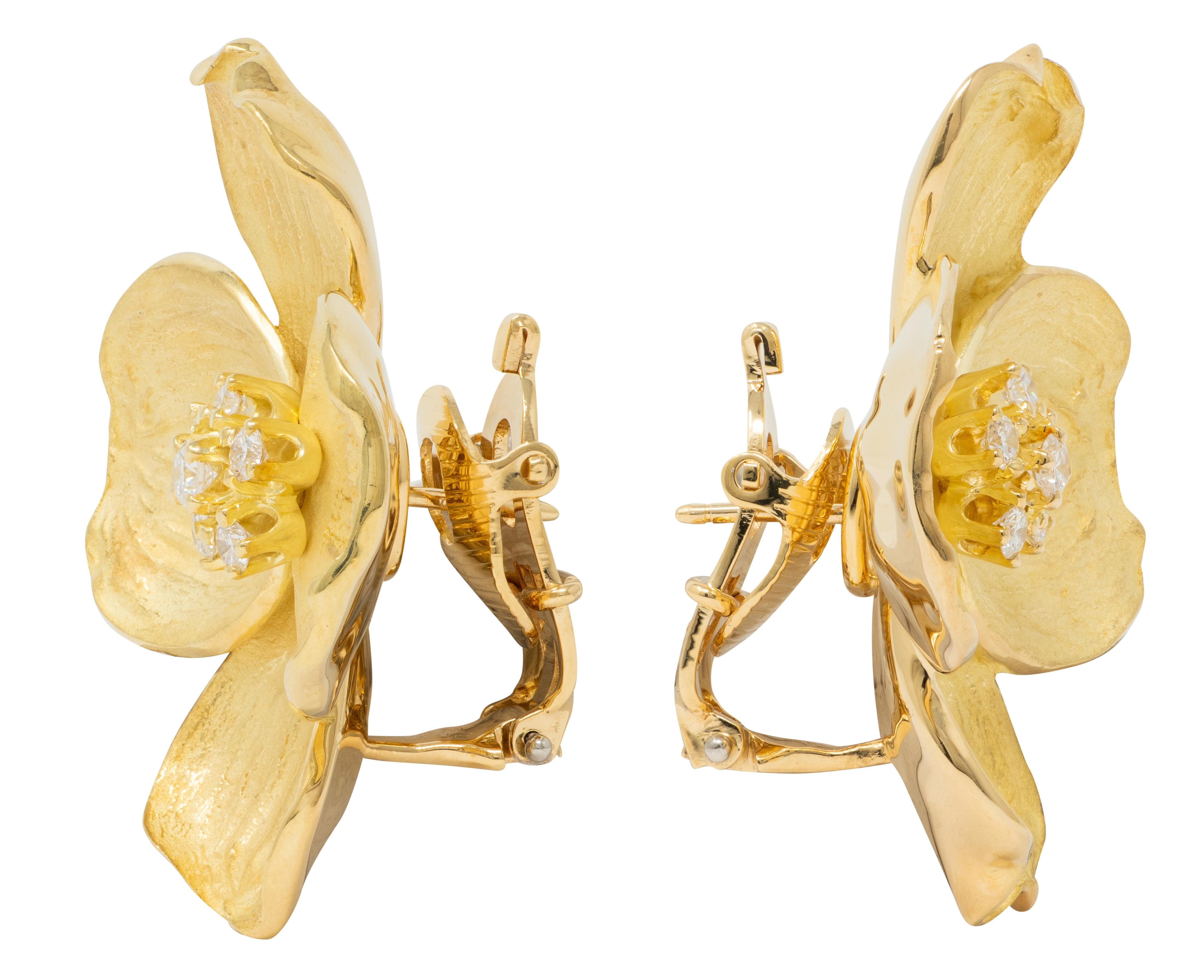 Tiffany & Co. 2000's Diamond 18 Karat Yellow Gold Dogwood Flower Earrings