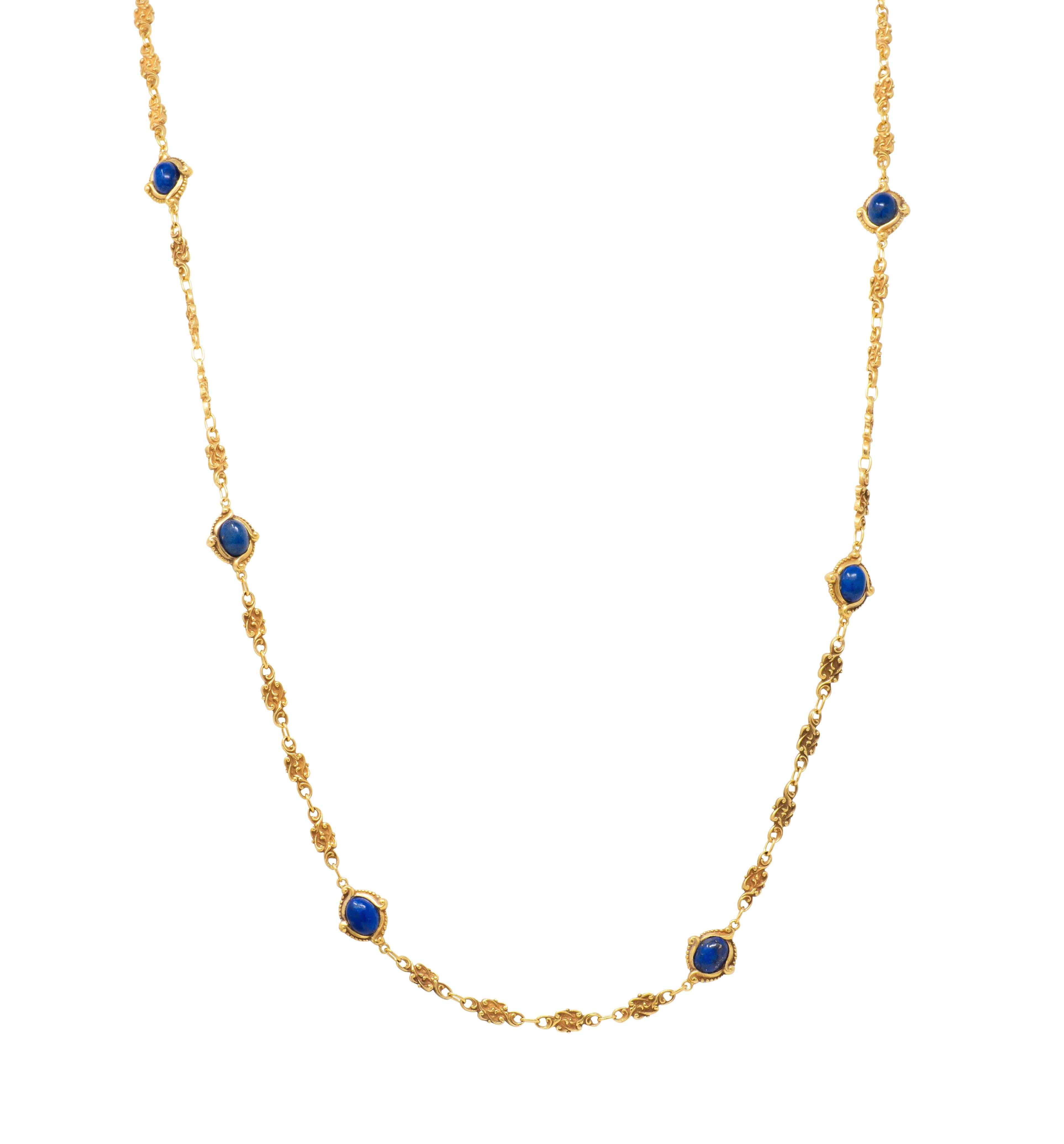 Victorian Lapis Lazuli 14 Karat Yellow Gold Fancy Link Antique Chain Necklace