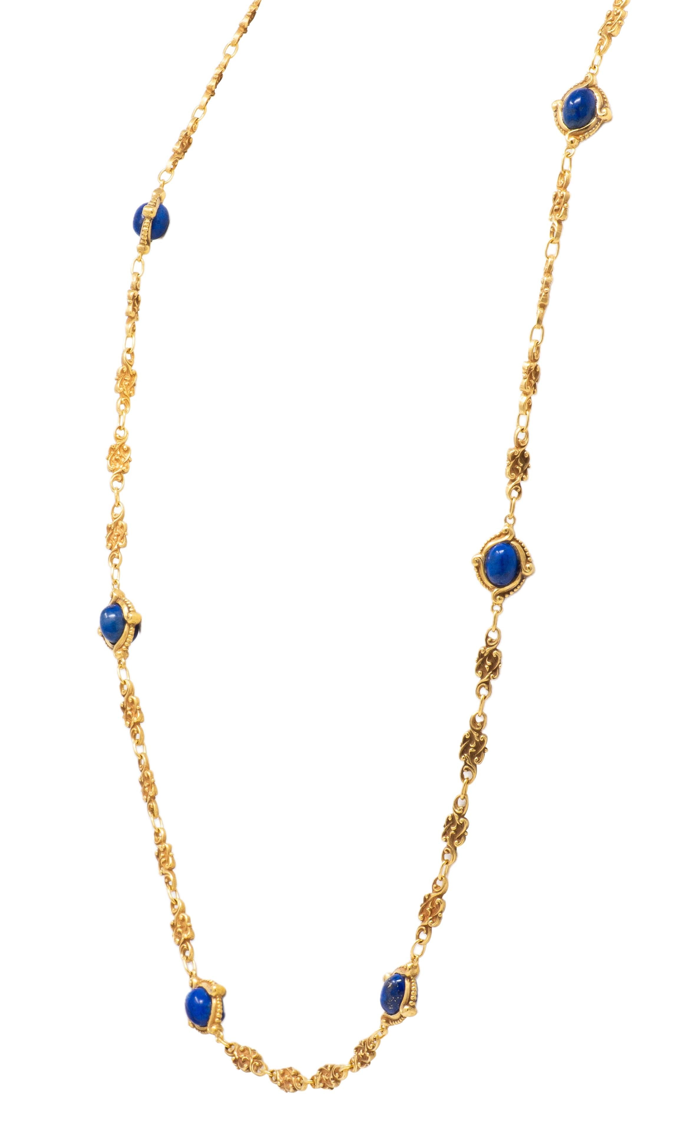 Victorian Lapis Lazuli 14 Karat Yellow Gold Fancy Link Antique Chain Necklace