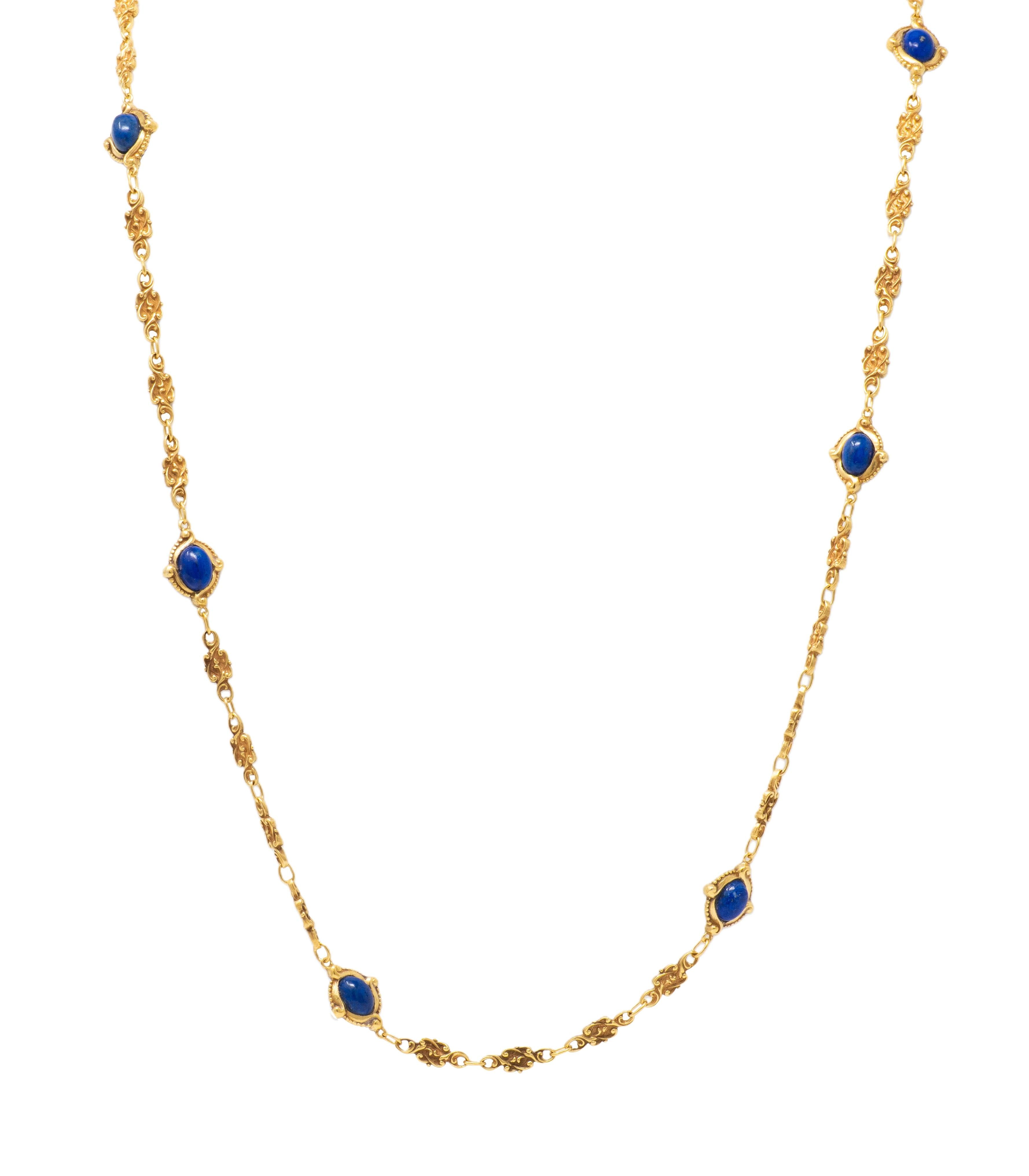 Victorian Lapis Lazuli 14 Karat Yellow Gold Fancy Link Antique Chain Necklace