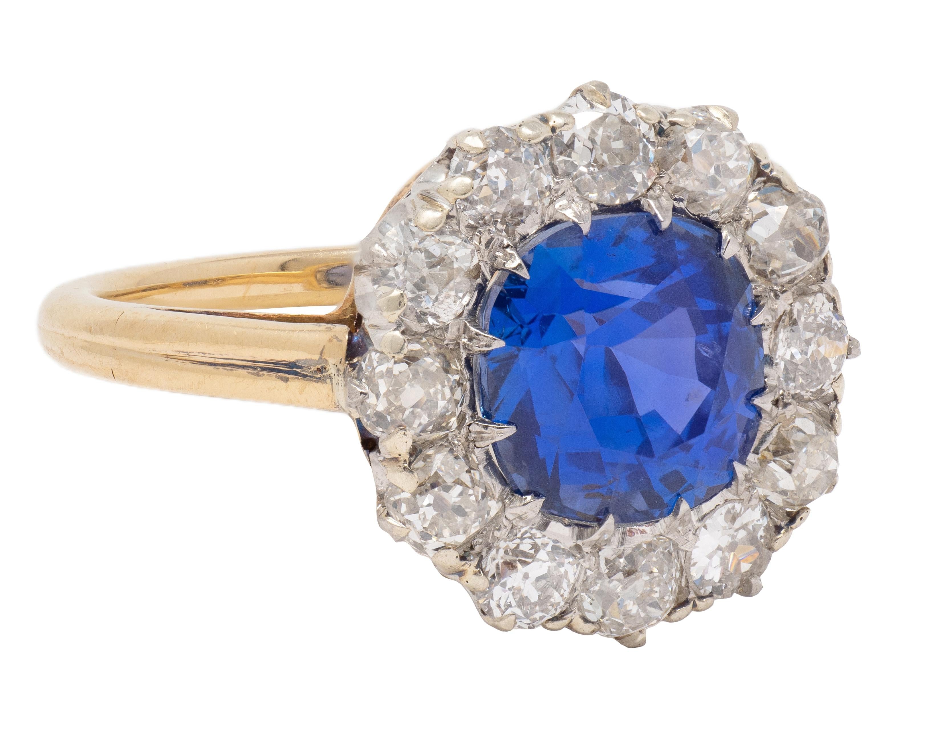 Edwardian 5.13 CTW No Heat Ceylon Sapphire Diamond 14K Antique Halo Ring GIA