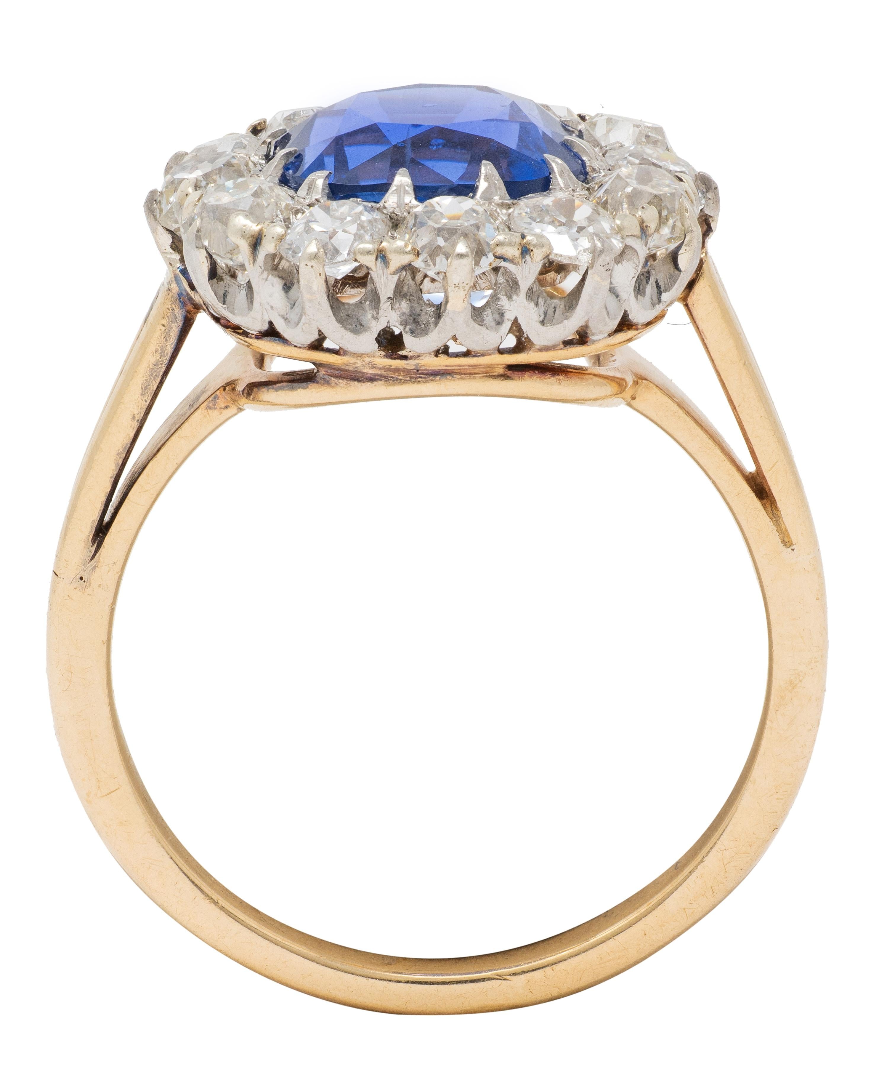Edwardian 5.13 CTW No Heat Ceylon Sapphire Diamond 14K Antique Halo Ring GIA