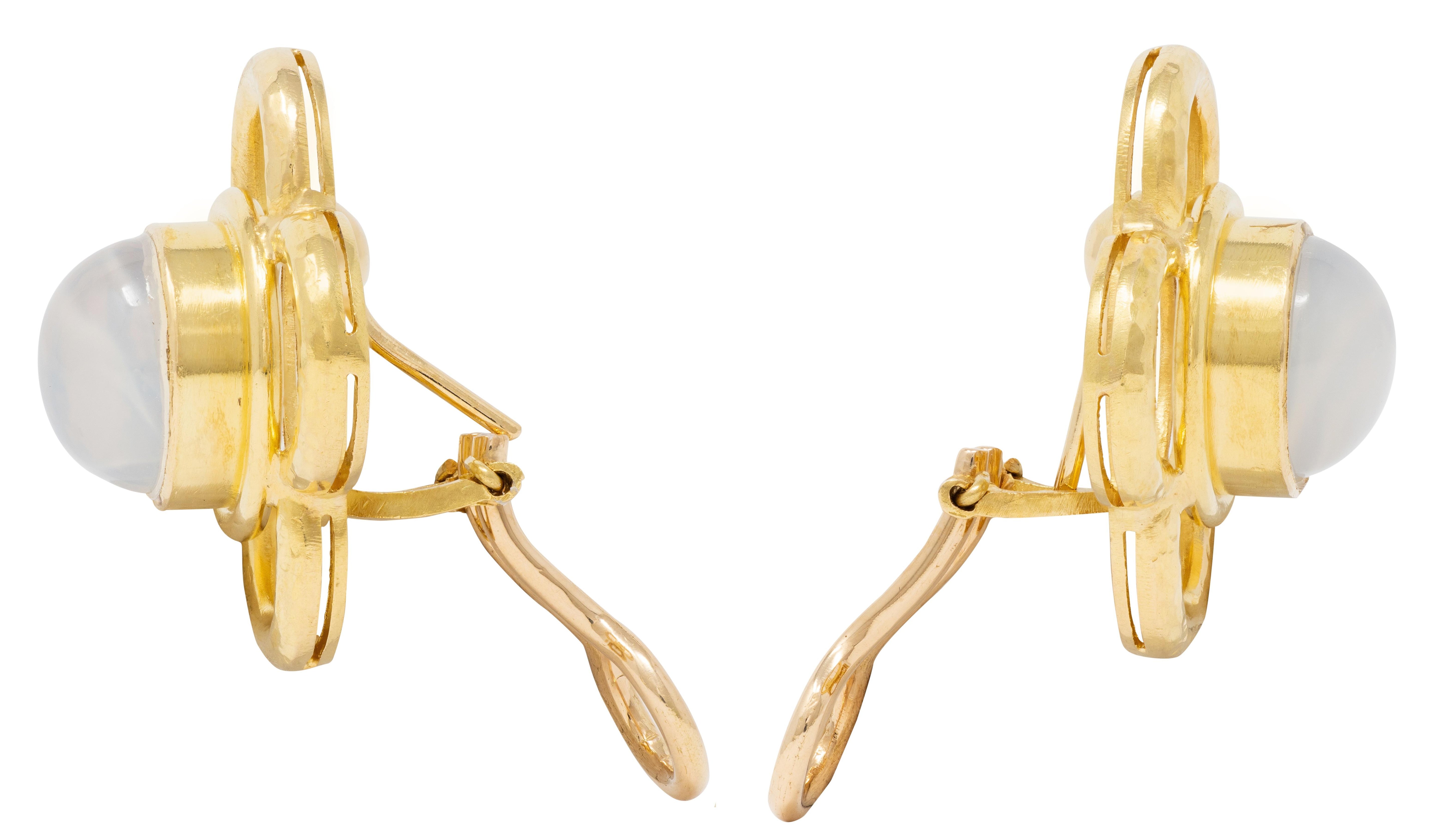 Elizabeth Locke Moonstone 18 Karat Yellow Gold Hammered Quatrefoil Earrings