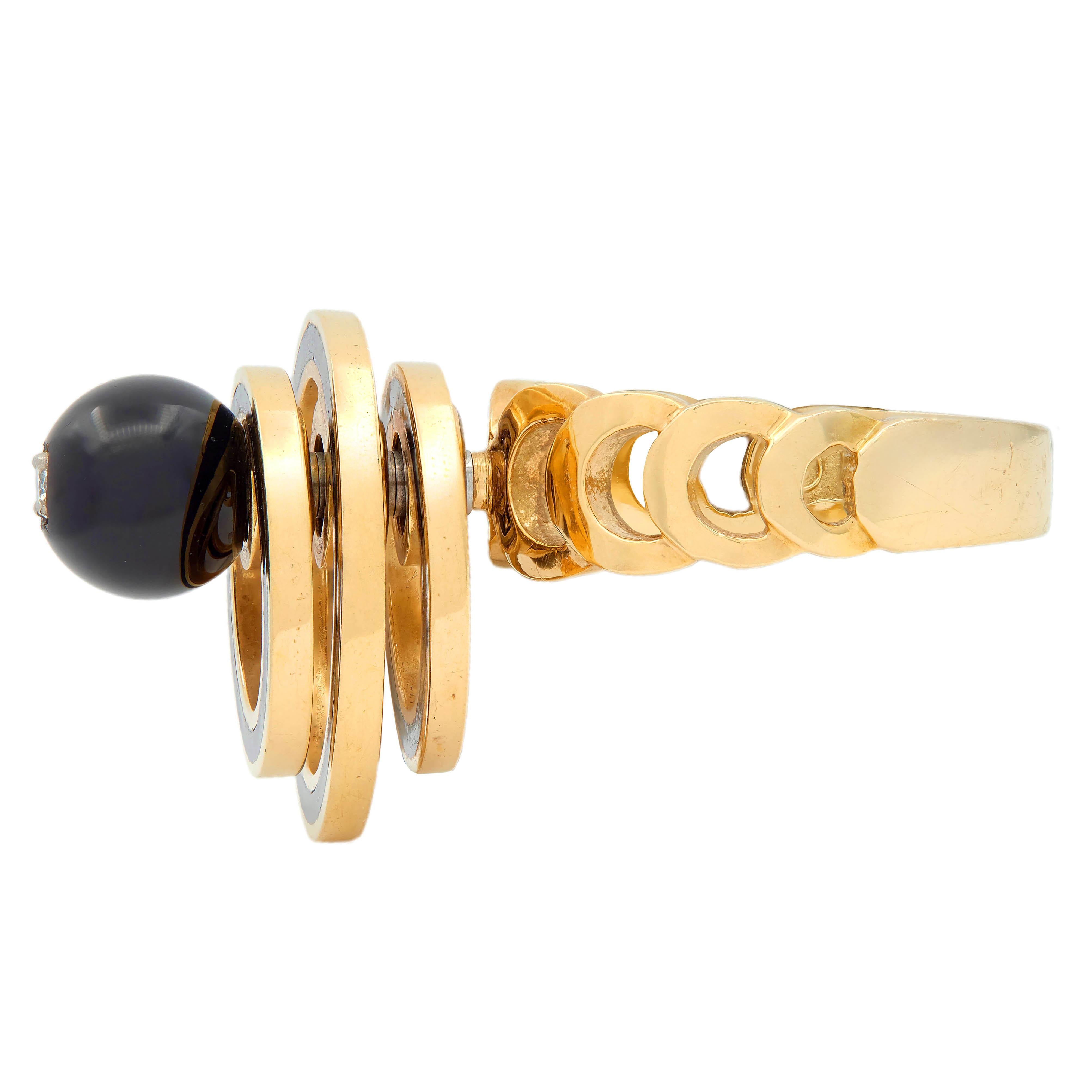 Norman Teufel Onyx Diamond 18K Gold Arch Vintage Kinetic Fidget Spinner Ring