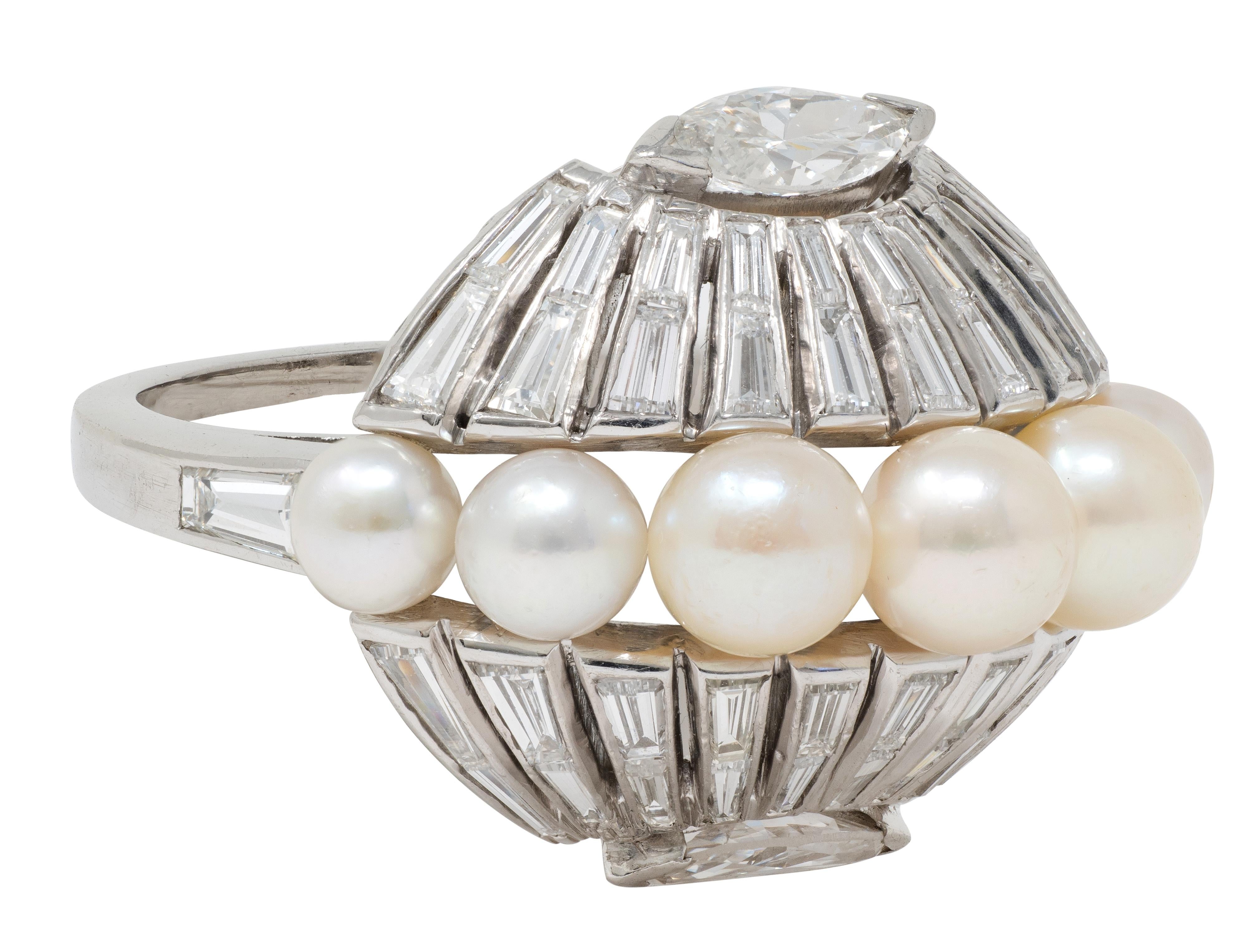 Mid-Century Modernist Pearl Diamond Platinum Vintage Fanning Cocktail Ring