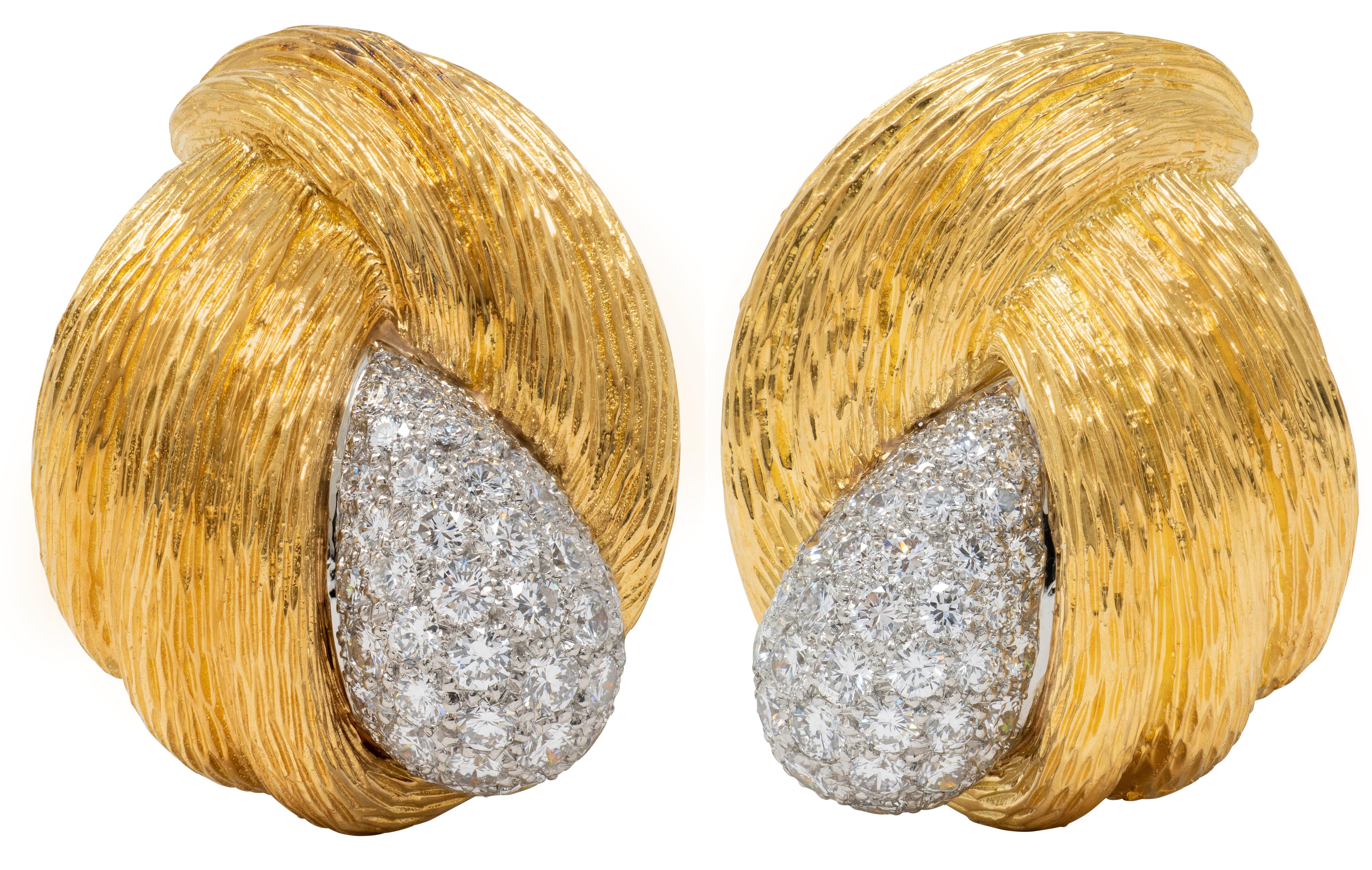 Van Cleef & Arpels Diamond Platinum 18K Gold Vintage Knot Ear-Clip Earrings