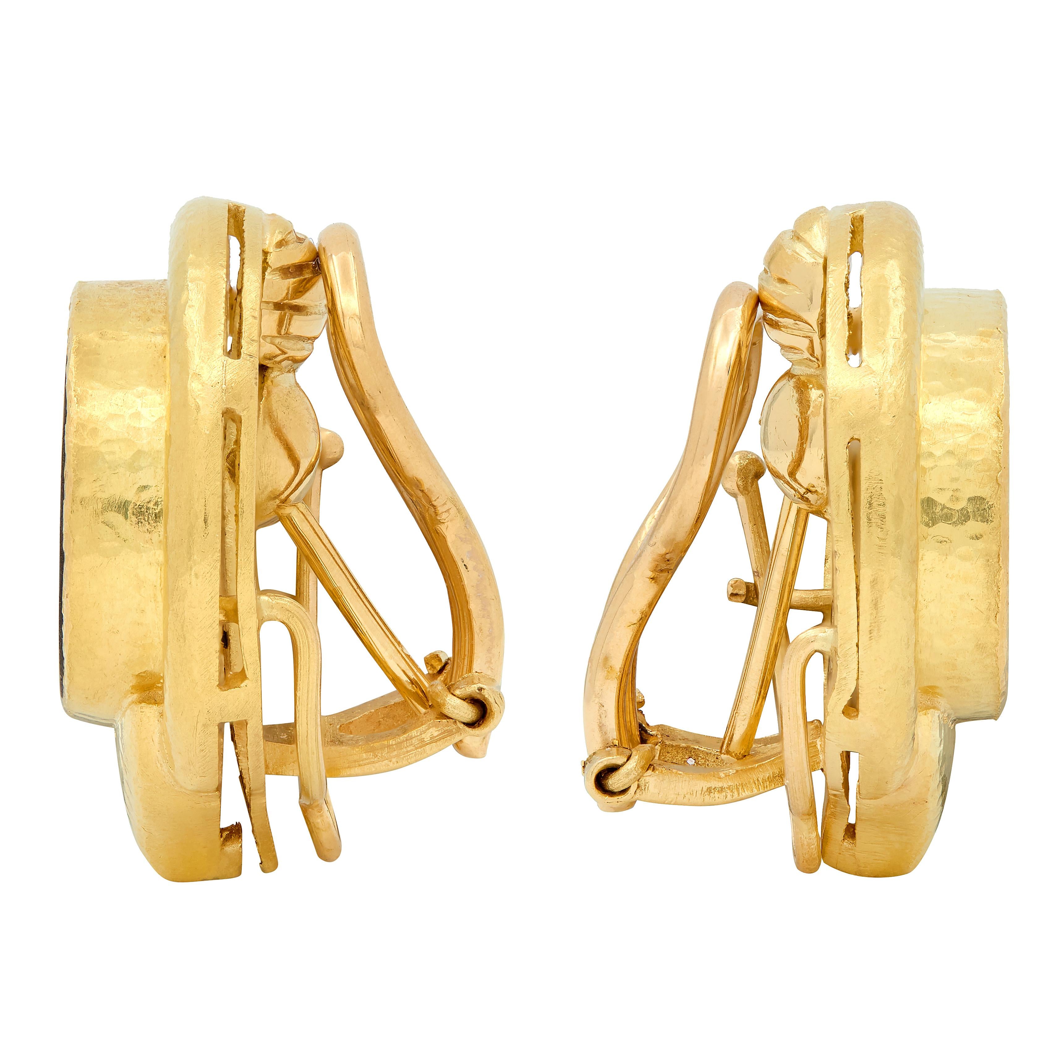 Elizabeth Locke 1980's Venetian Glass 18 Yellow Gold Vintage Intaglio Earrings