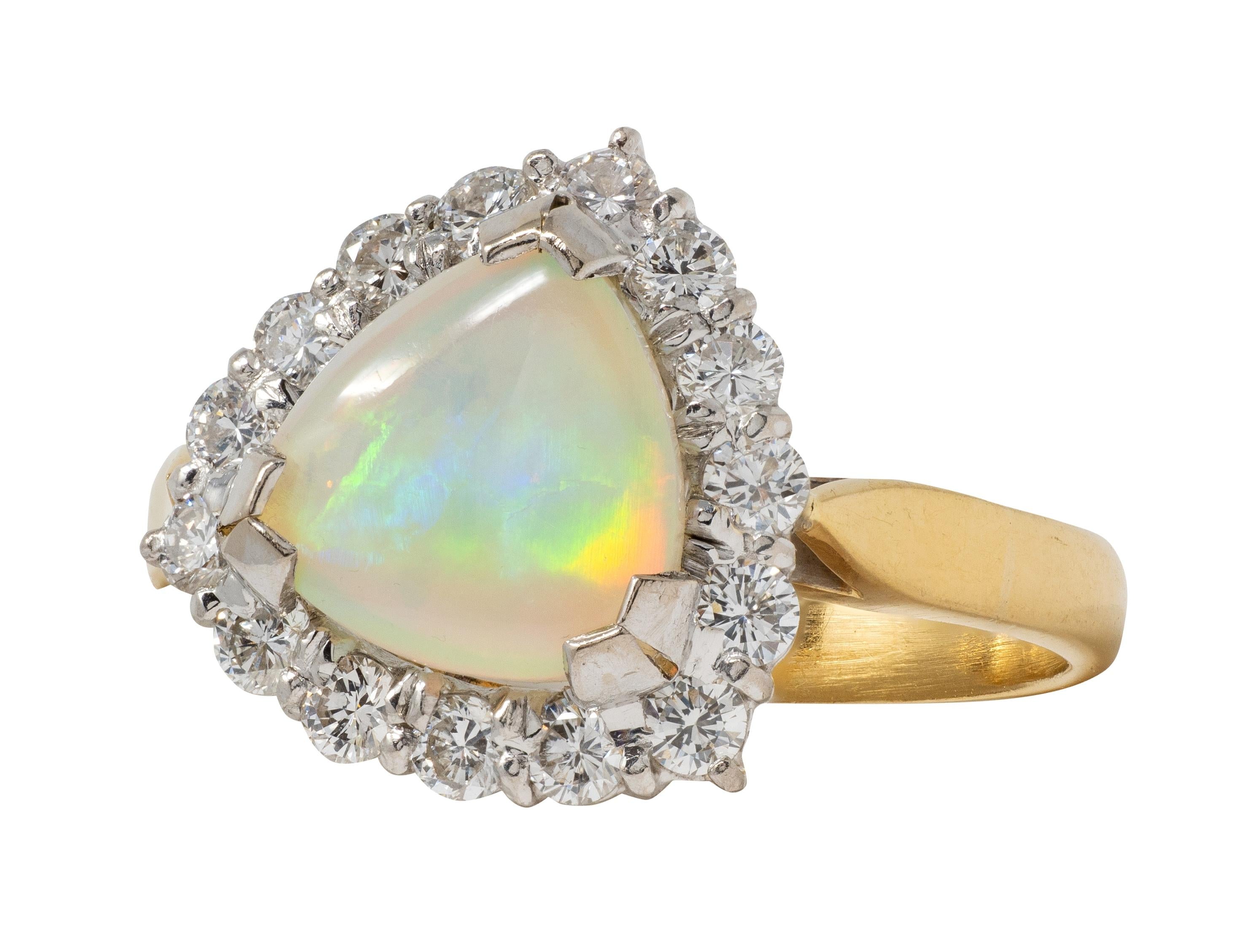 1980's Opal Diamond 18 Karat Yellow White Gold Triangular Vintage Halo Ring