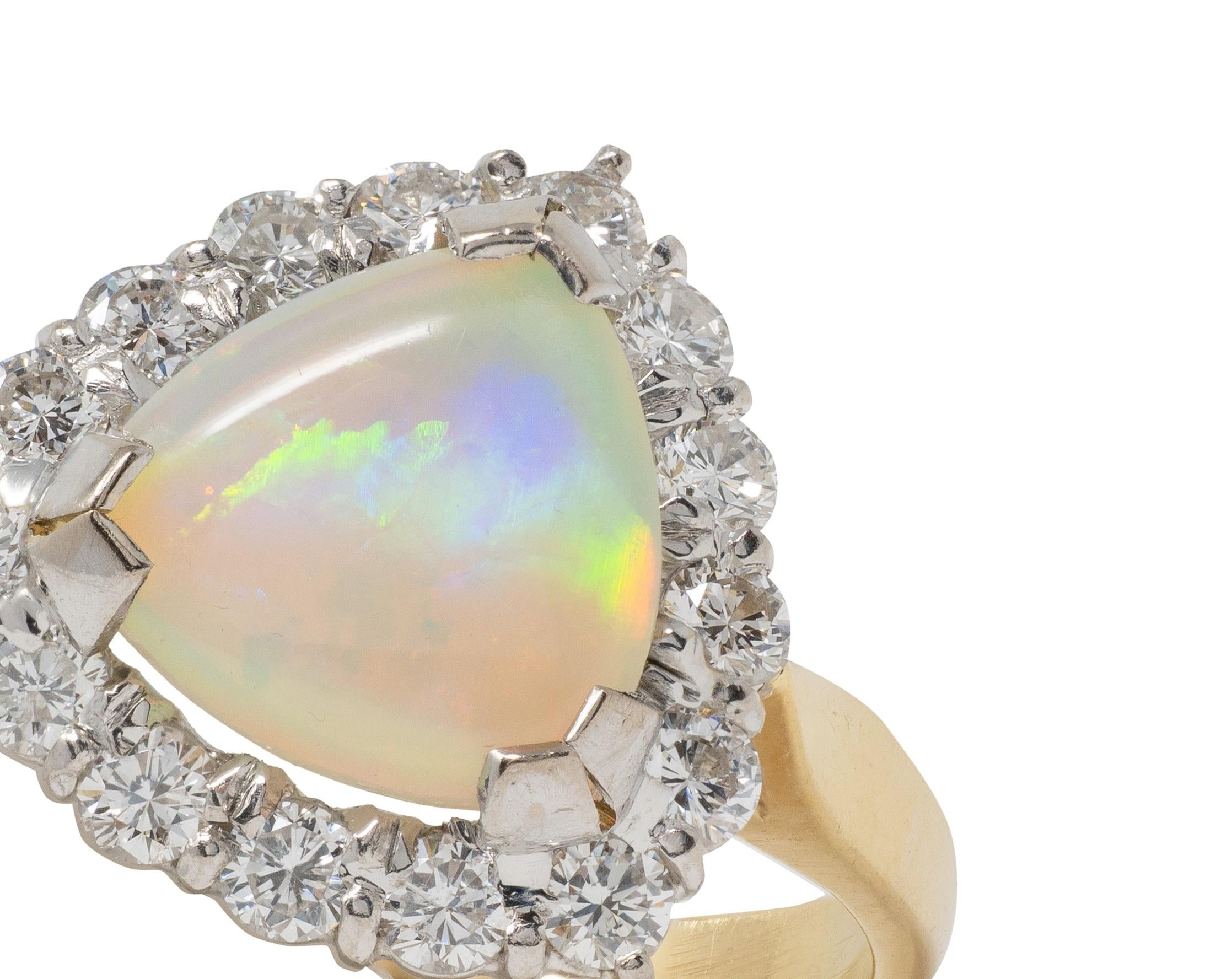 1980's Opal Diamond 18 Karat Yellow White Gold Triangular Vintage Halo Ring