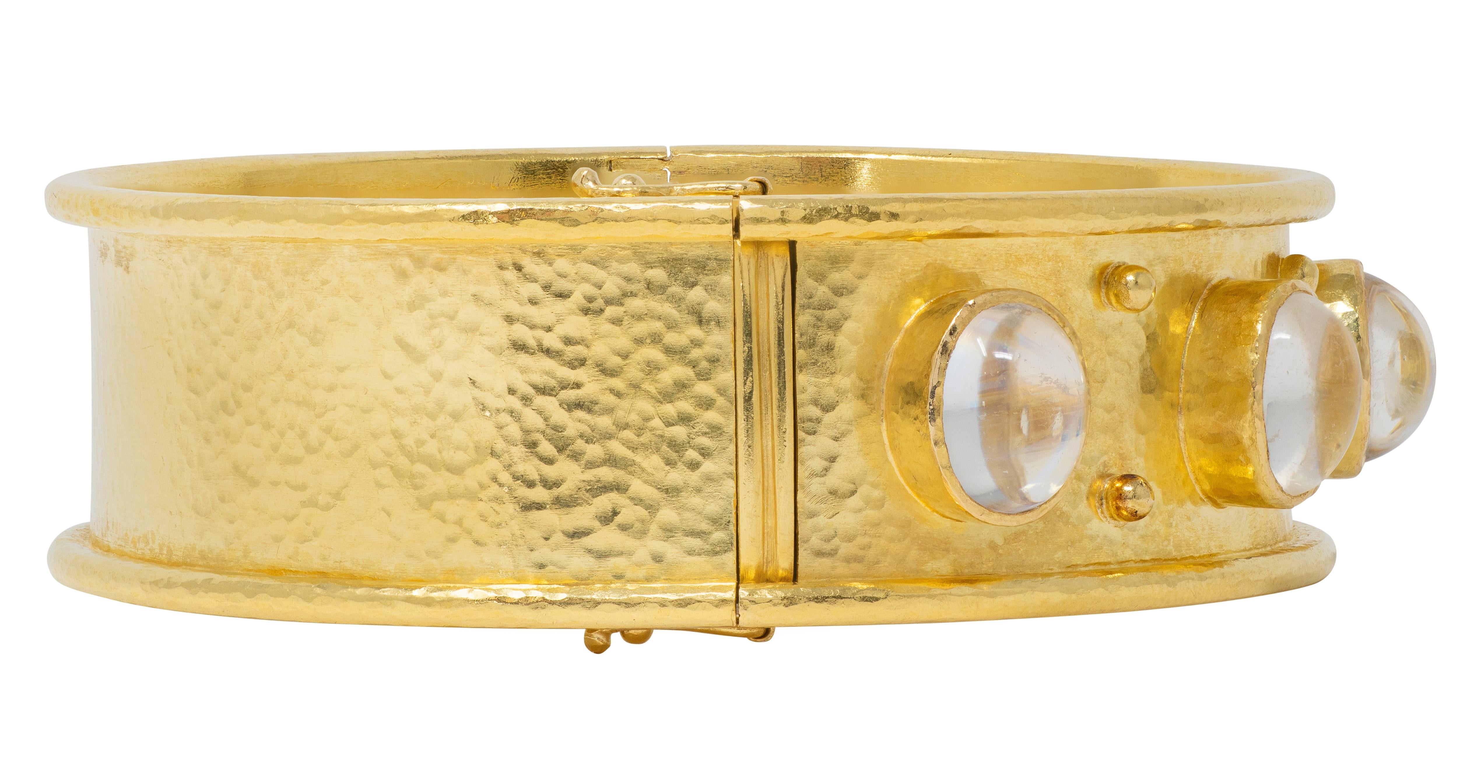 Elizabeth Locke 2000's Moonstone 18K Gold Wide Hammered Bangle Bracelet