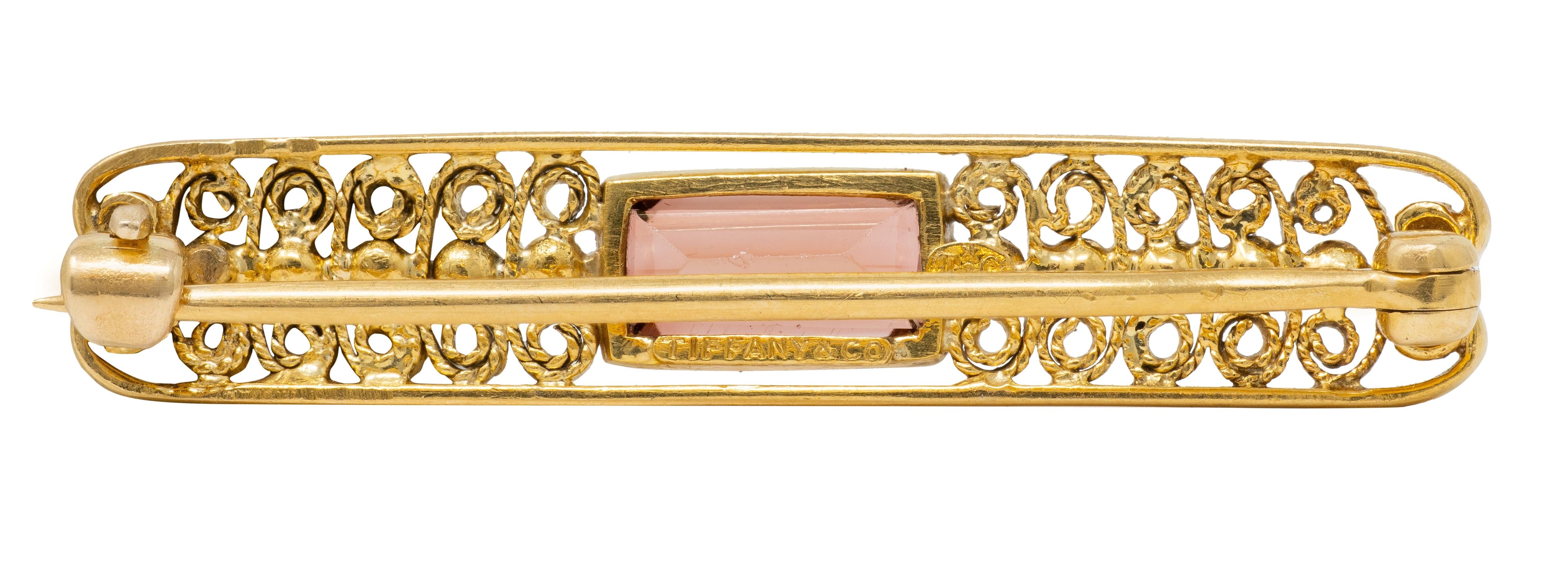 Louis Comfort Tiffany 1900's Tourmaline 18K Gold Antique Filigree Bar Brooch