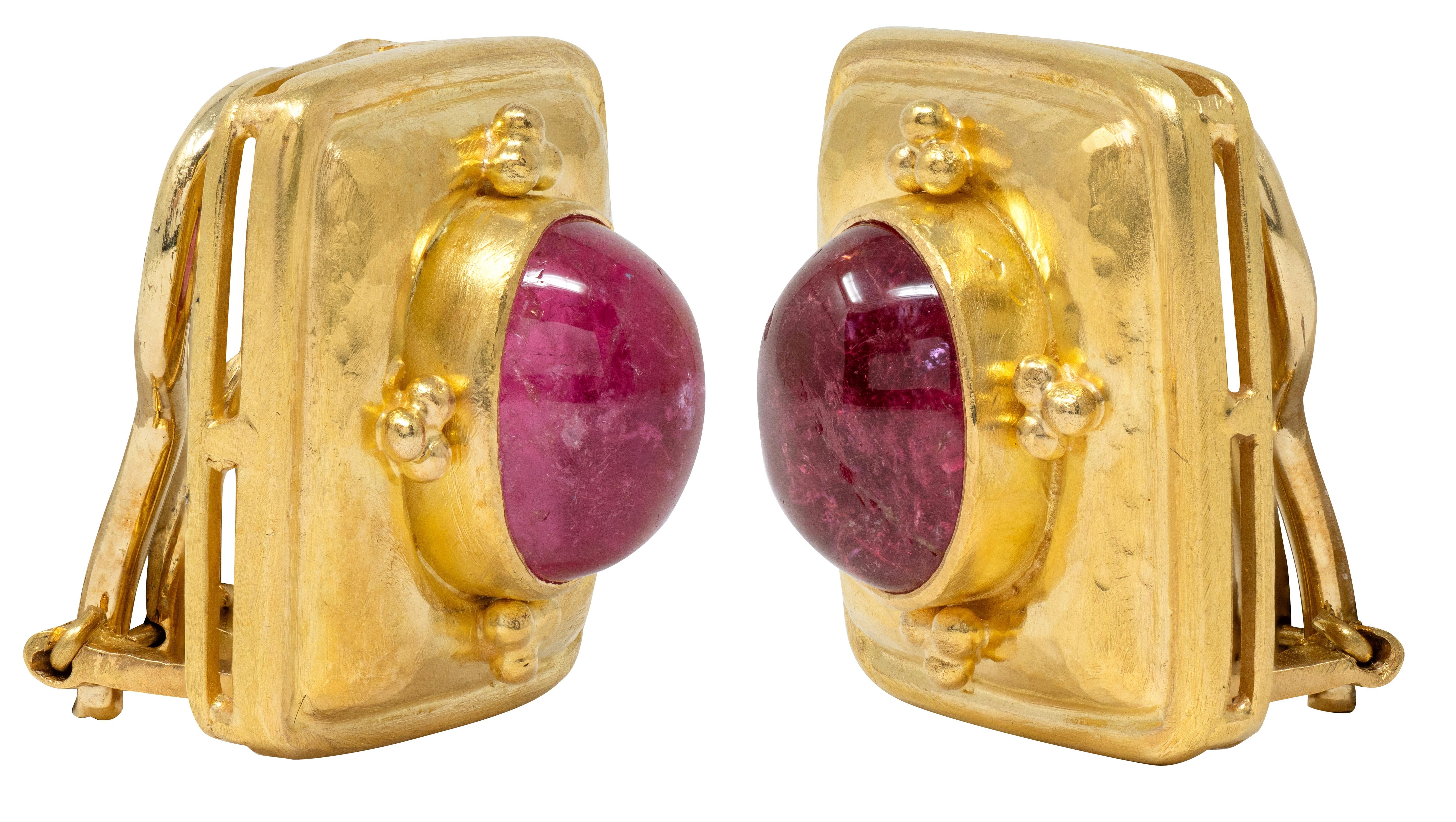 Elizabeth Locke 2000's Tourmaline 18 Karat Yellow Gold Cushion Earrings