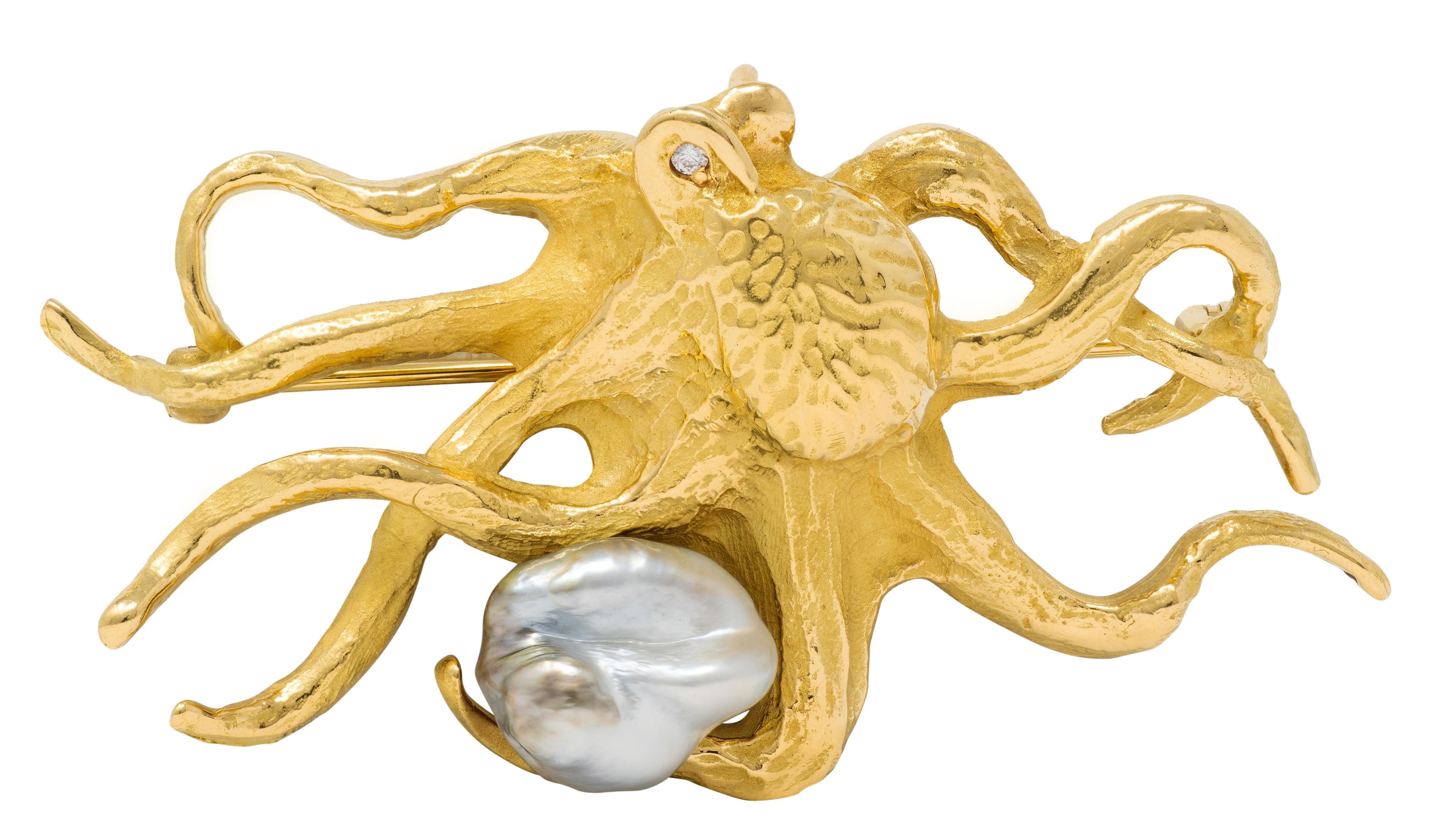 2000's Pearl Diamond 18 Karat Yellow Gold Octopus Pendant Brooch