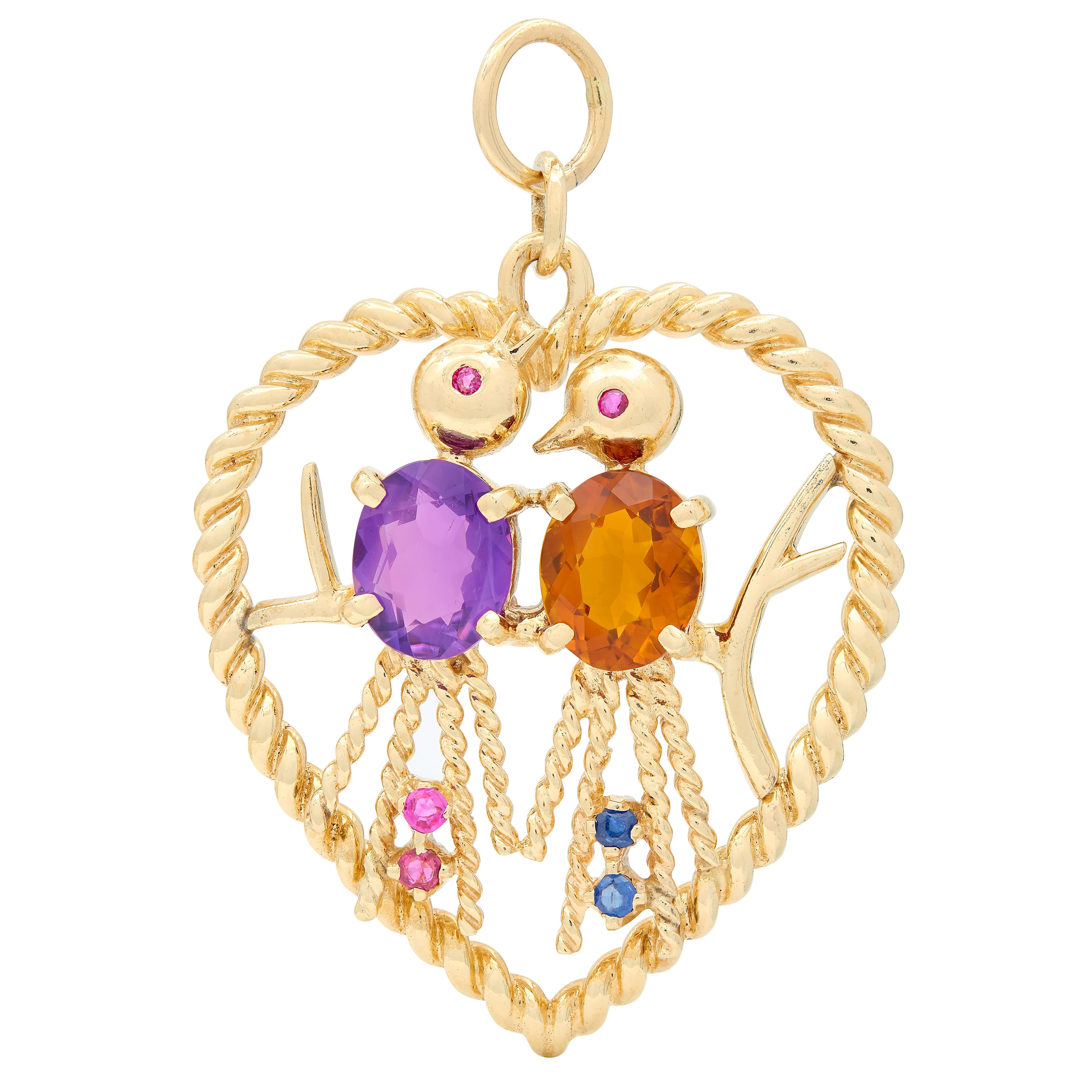 1960's Citrine Amethyst Ruby 14K Gold Vintage Love Bird Pendant Charm