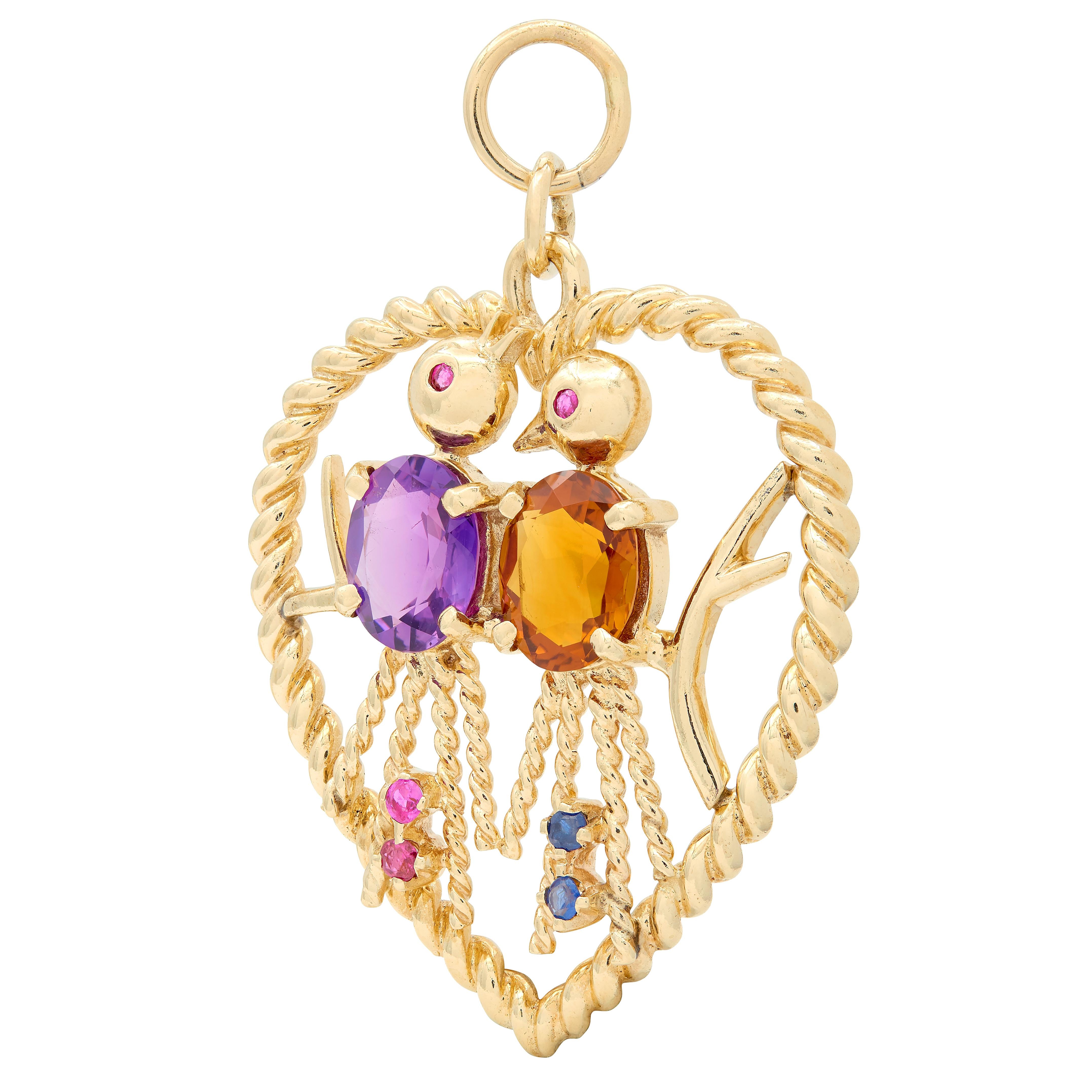 1960's Citrine Amethyst Ruby 14K Gold Vintage Love Bird Pendant Charm