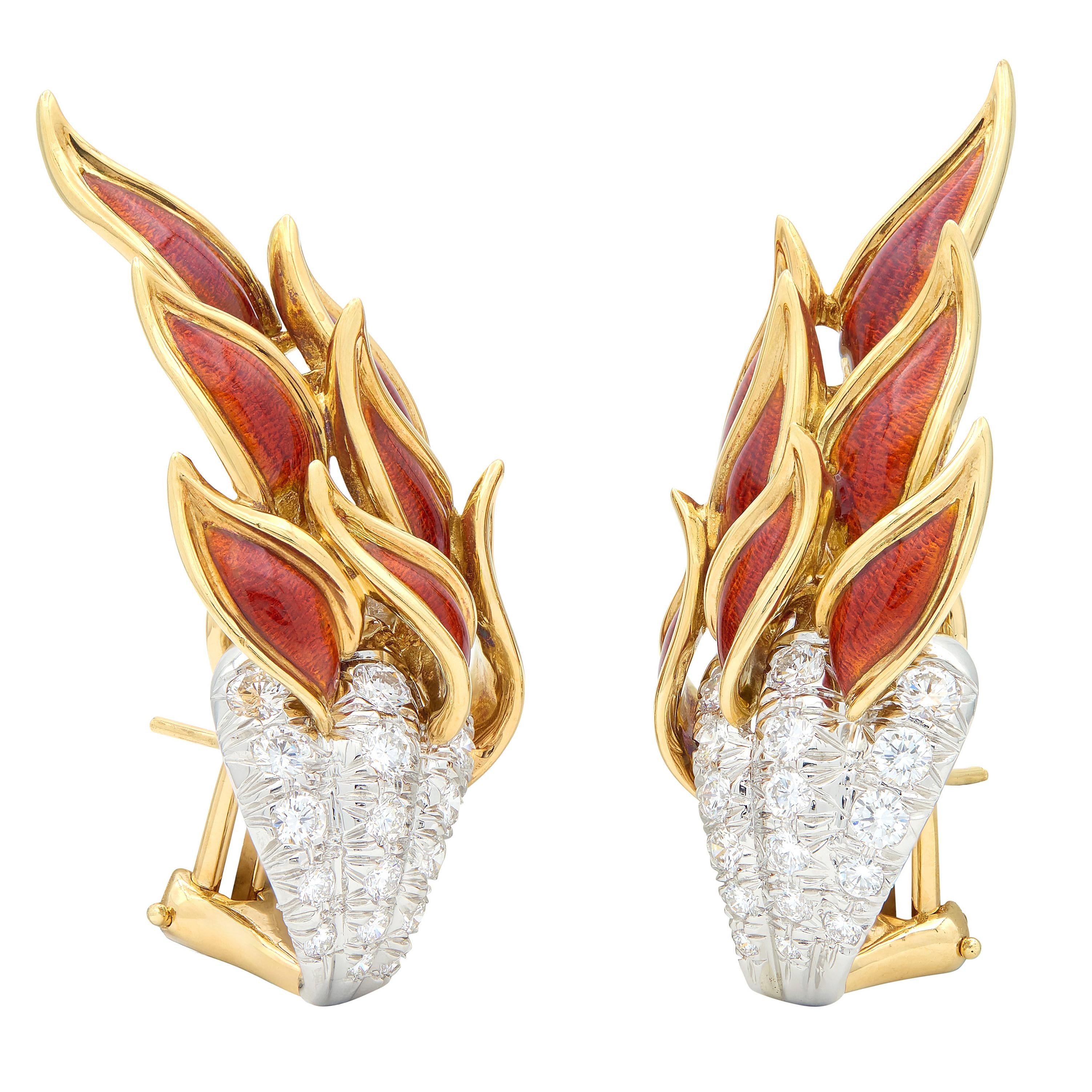 Tiffany & Co. Schlumberger Diamond Enamel Platinum 18K Gold Flame Earrings