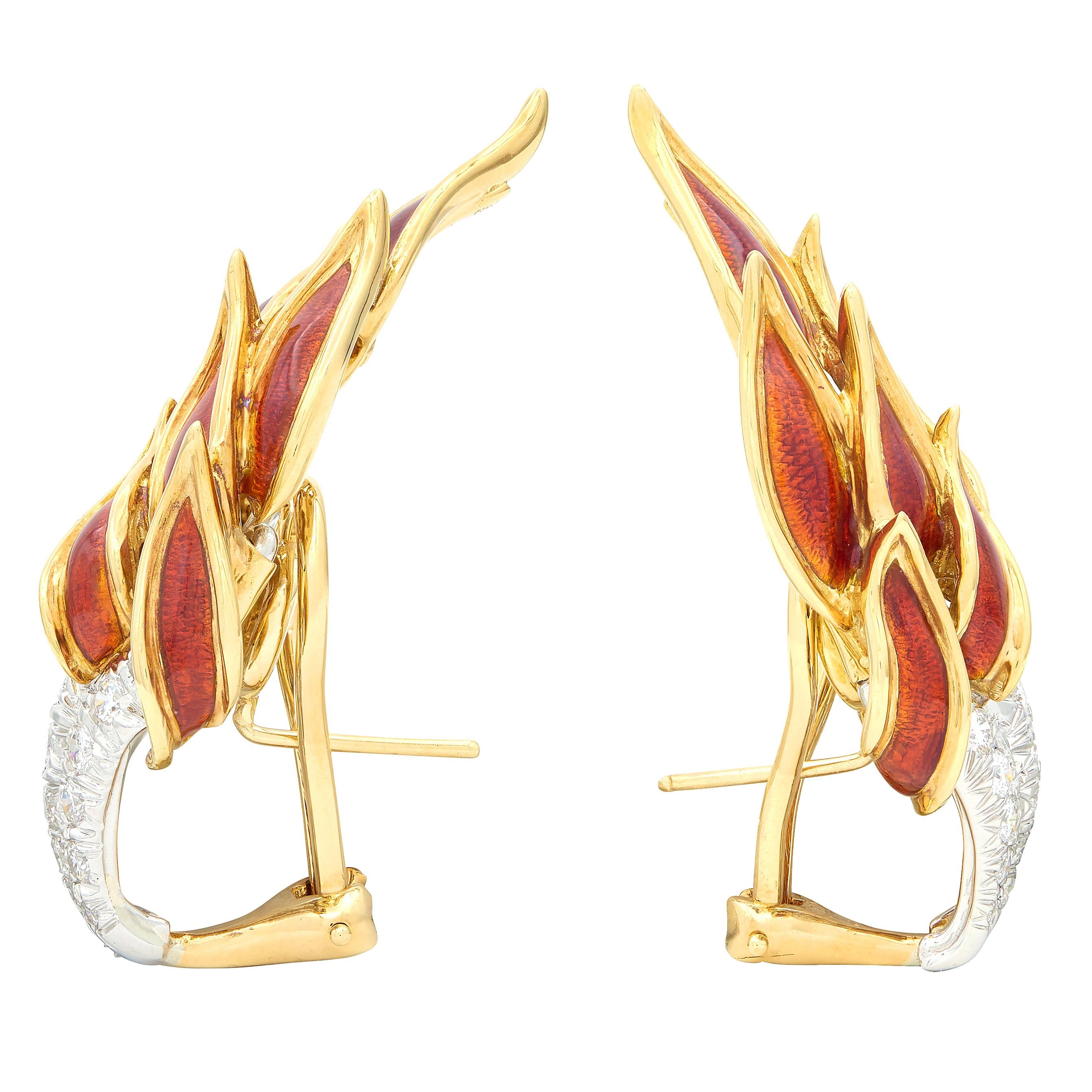 Tiffany & Co. Schlumberger Diamond Enamel Platinum 18K Gold Flame Earrings