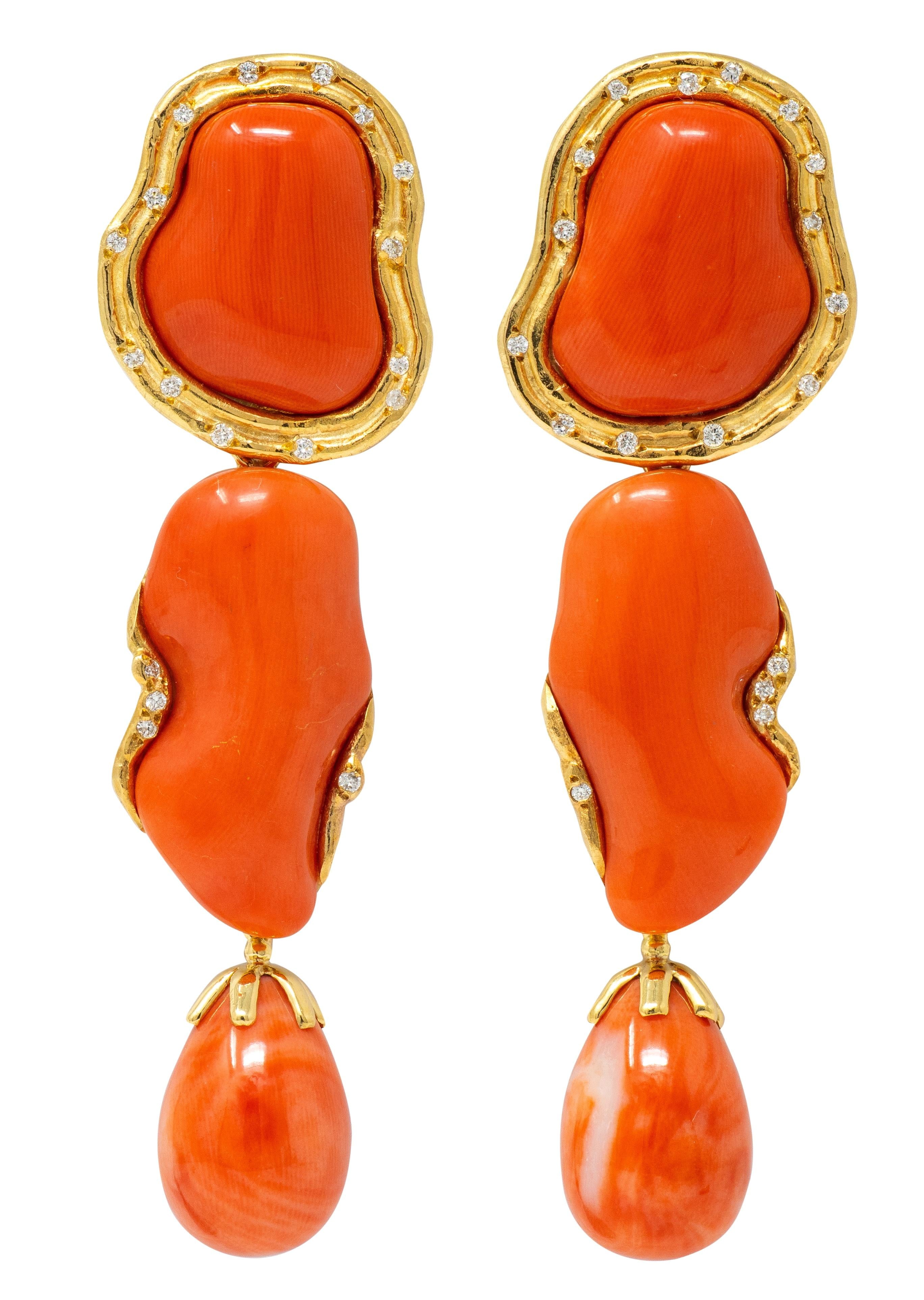 1998 Coral Diamond 18 K Gold Vintage Day-To-Night Ear-Clip Drop Earrings