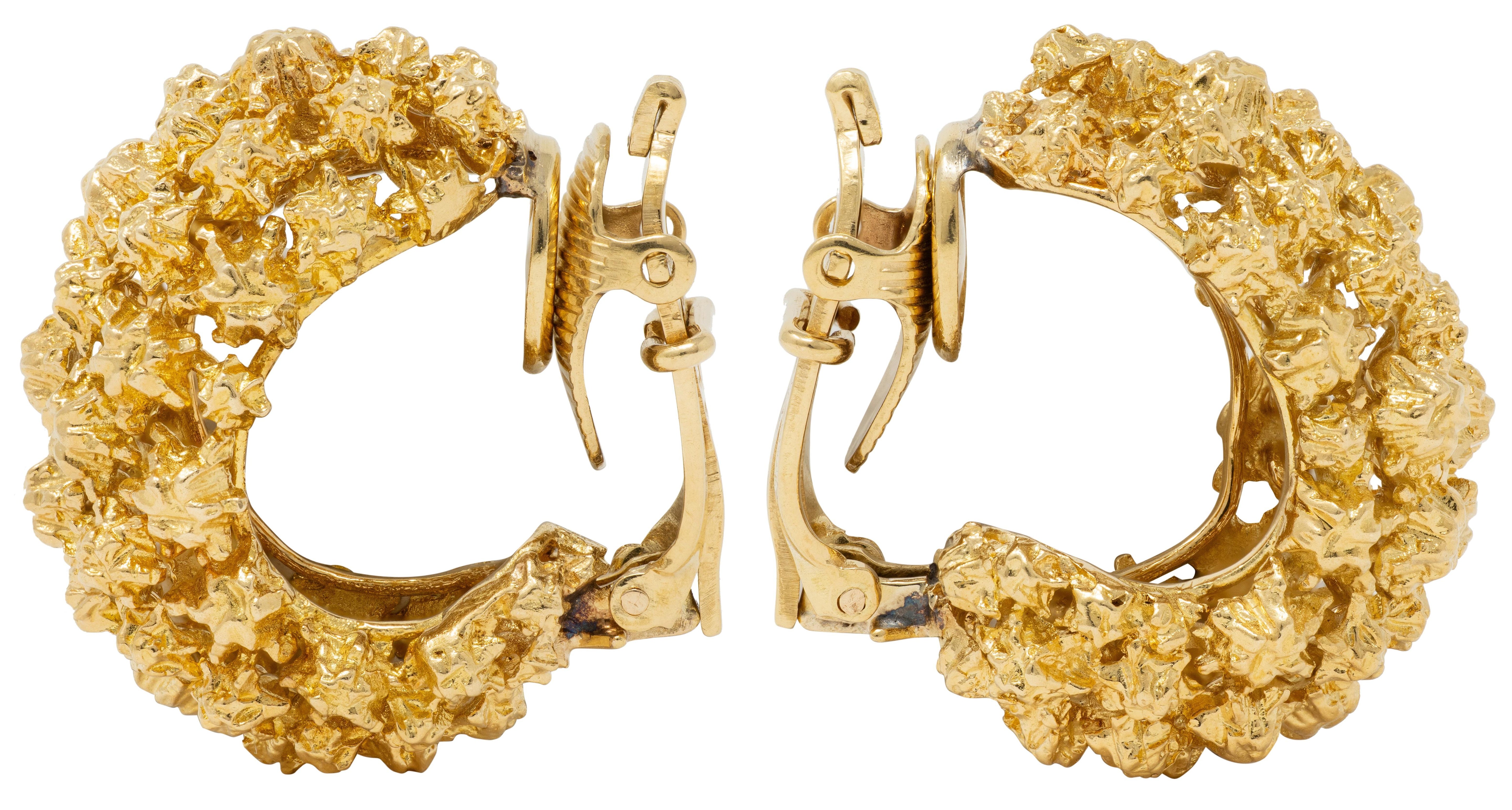 Tiffany & Co. 1960's 18 Karat Yellow Gold Vintage Brutalist J-Hoop Earrings