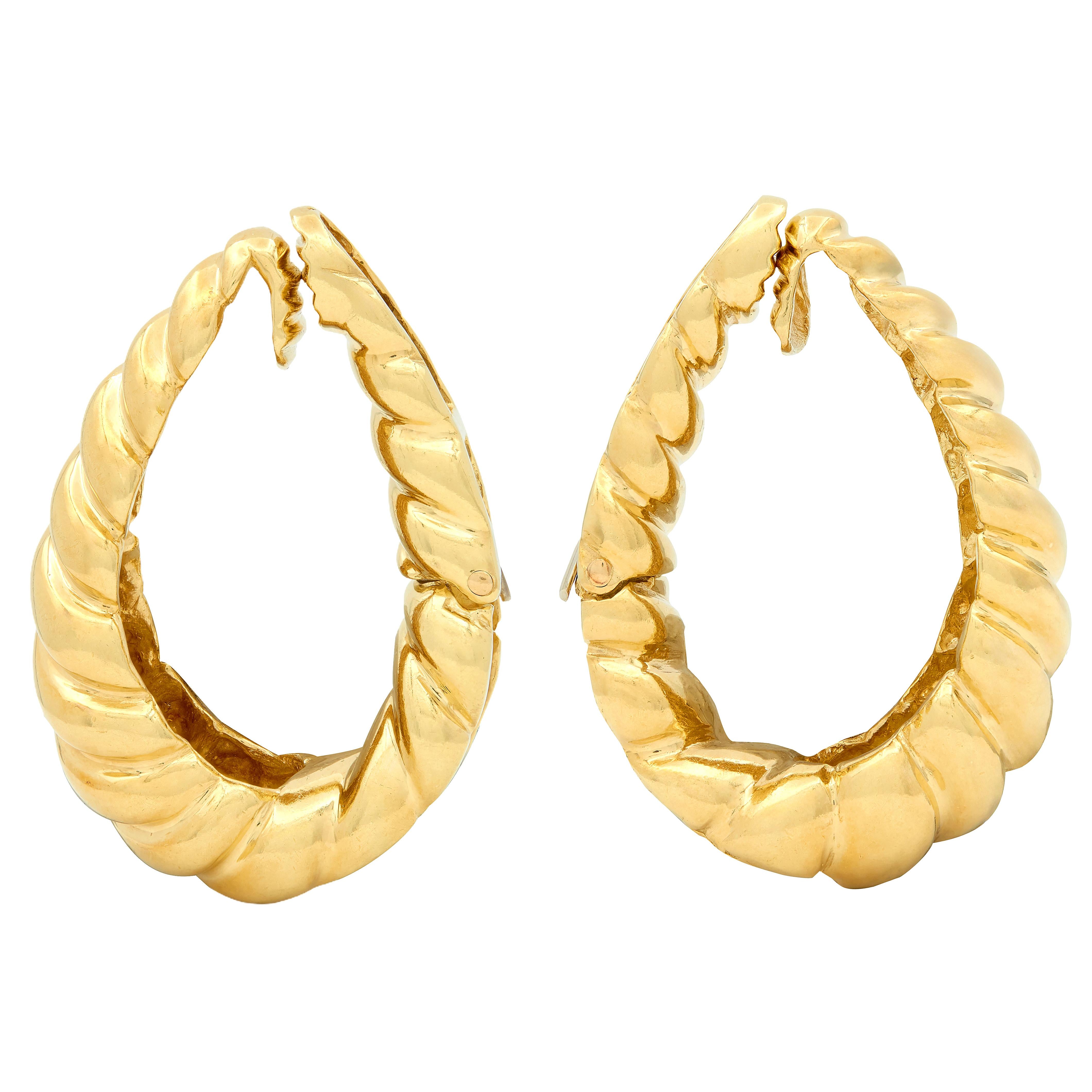 Van Cleef & Arpels 1980's 18K Gold Vintage Twist J-Hoop Ear-Clip Earrings