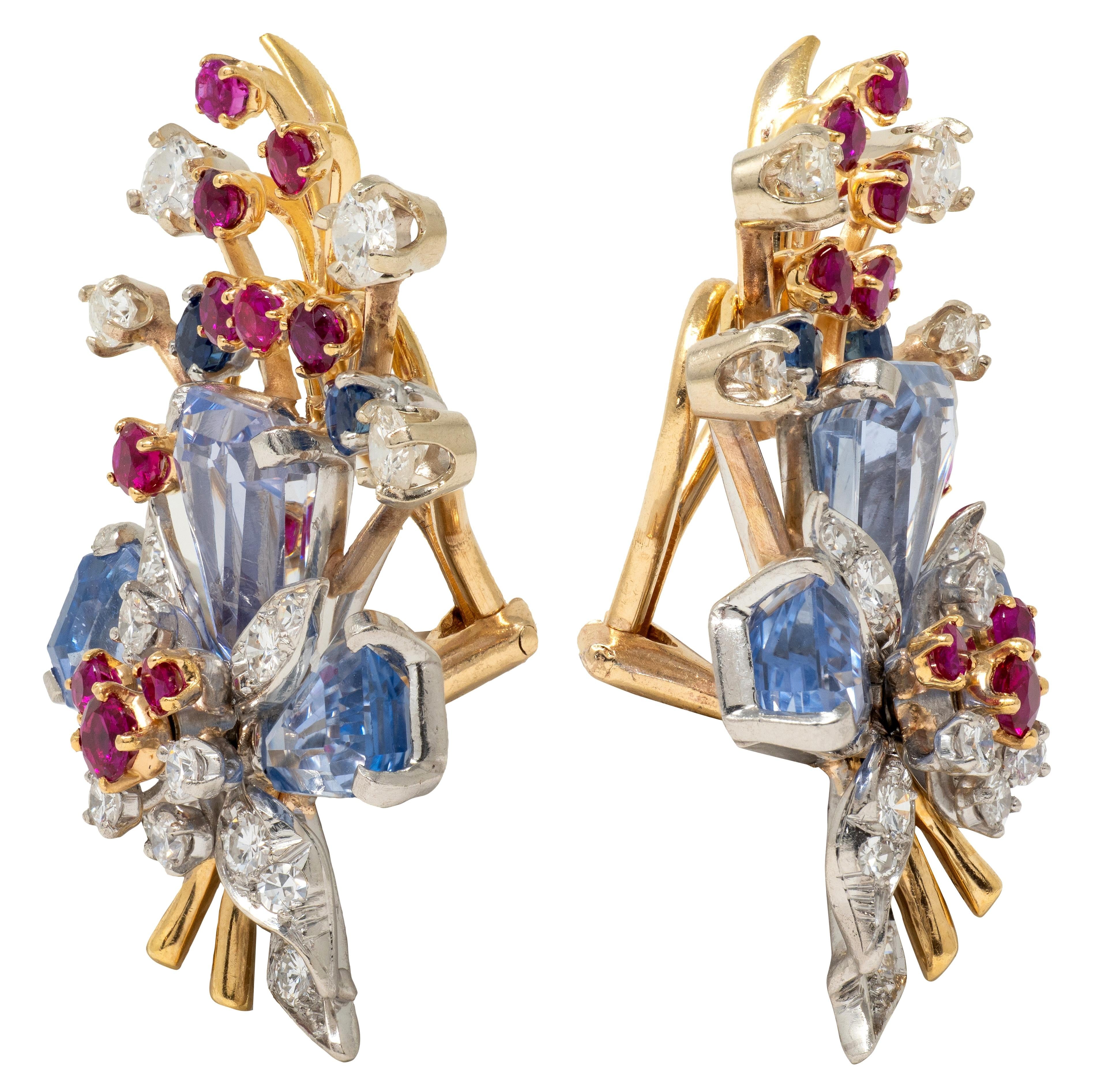 Tiffany & Co. Retro Sapphire Ruby Diamond 18K Gold Vintage Floral Spray Earrings