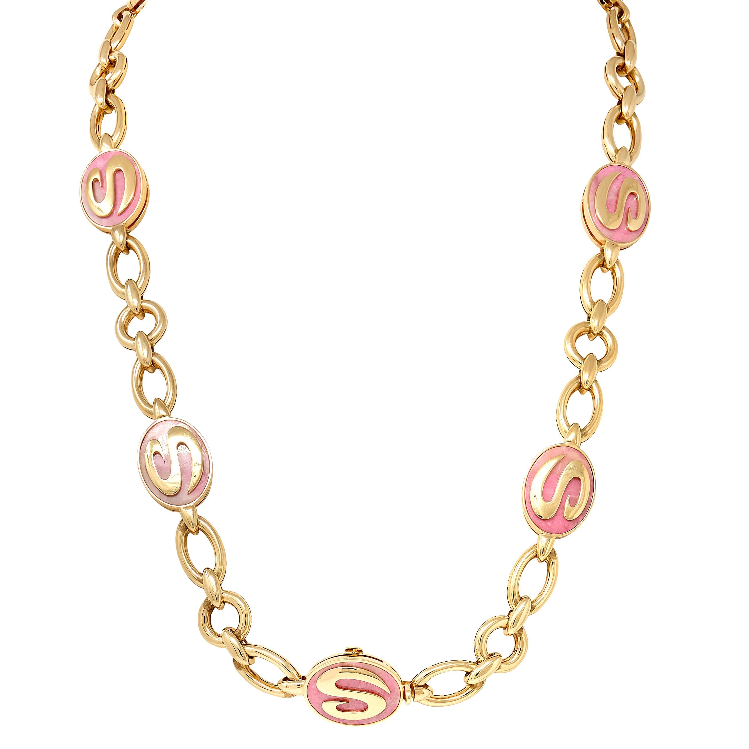 Bulgari 1970's Rhodochrosite 18 Karat Yellow Gold Vintage Station Necklace
