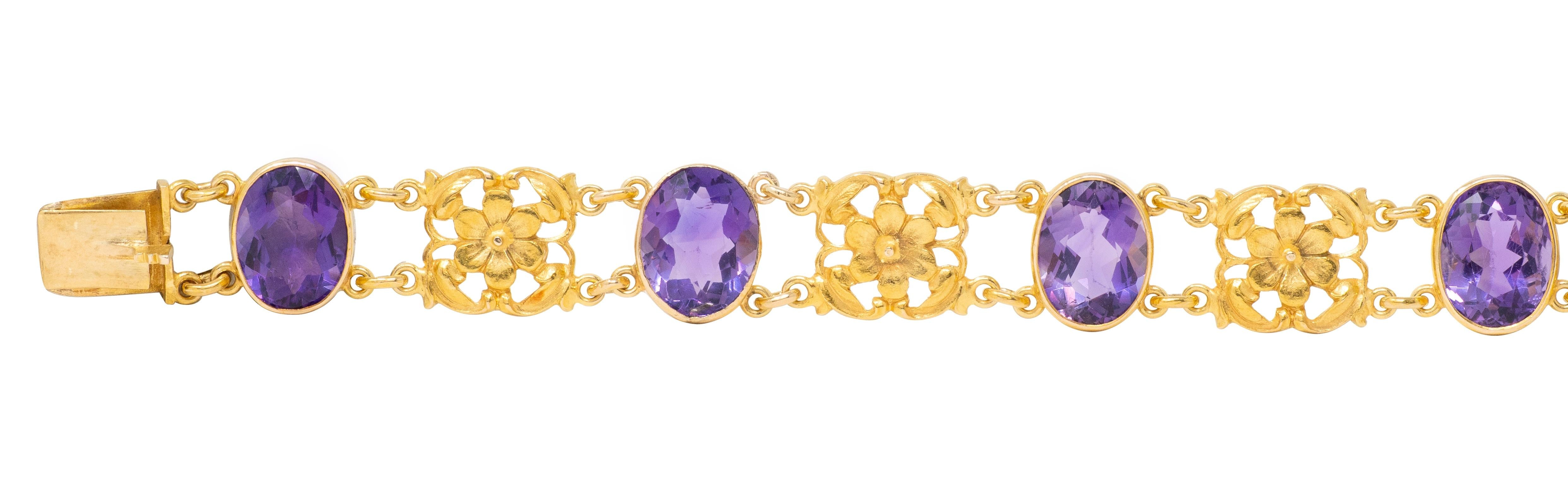 Art Nouveau Amethyst 14 Karat Yellow Gold Antique Floral Link Bracelet