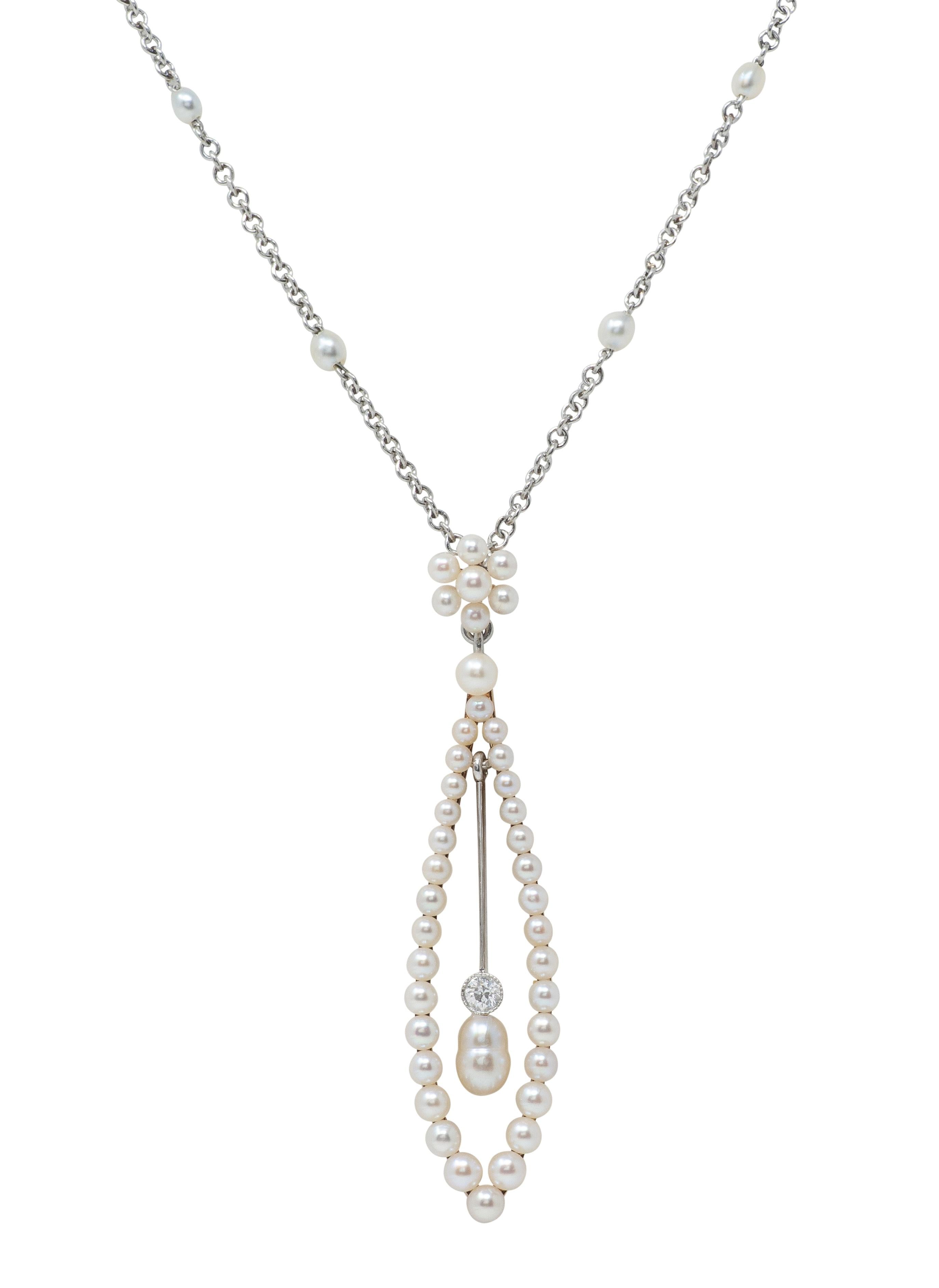 Edwardian Diamond Pearl Platinum 14 Karat Yellow Gold Antique Pendant Necklace