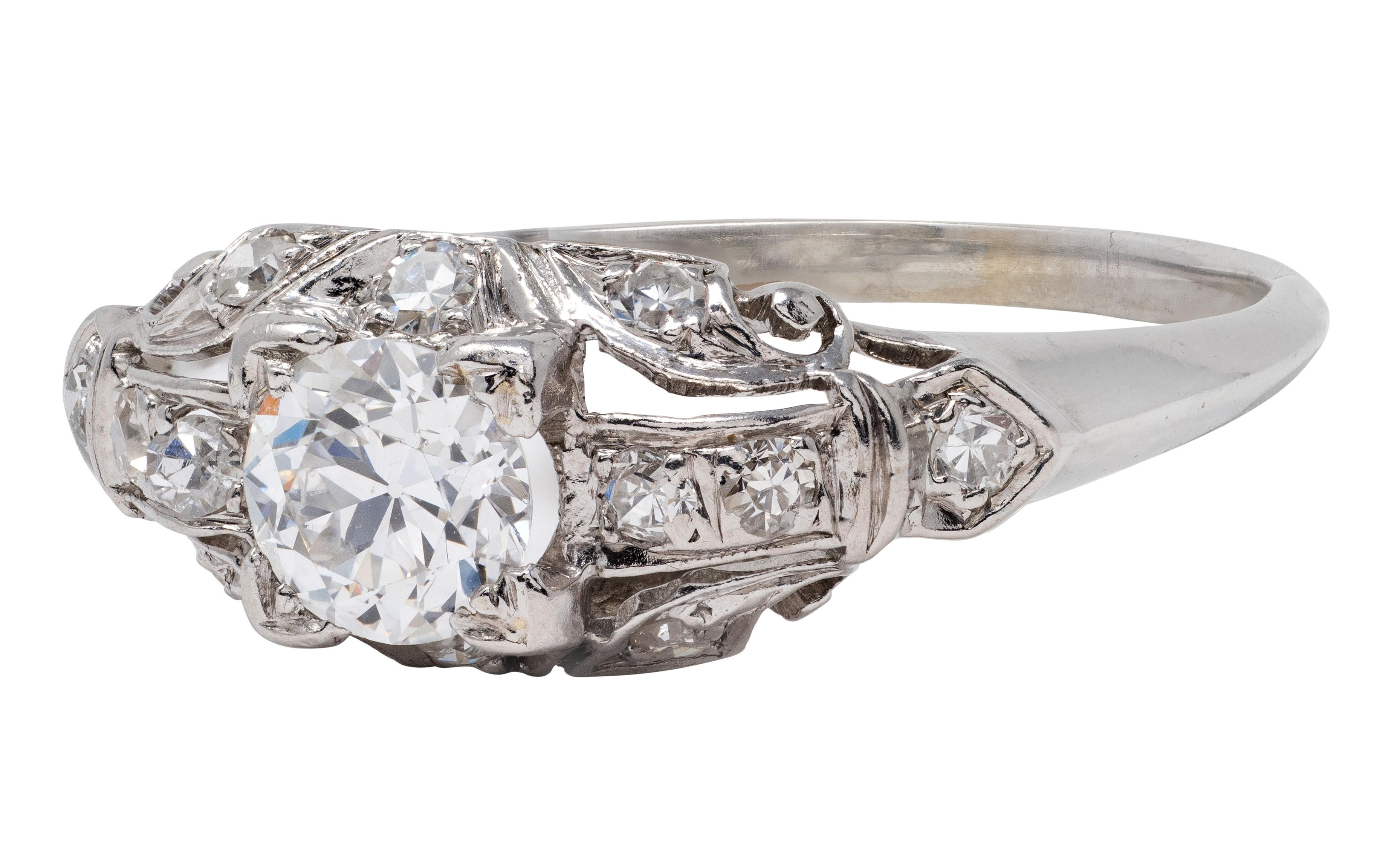 Art Deco Old European Diamond 18K Gold Vintage Scrolling Leaf Engagement Ring