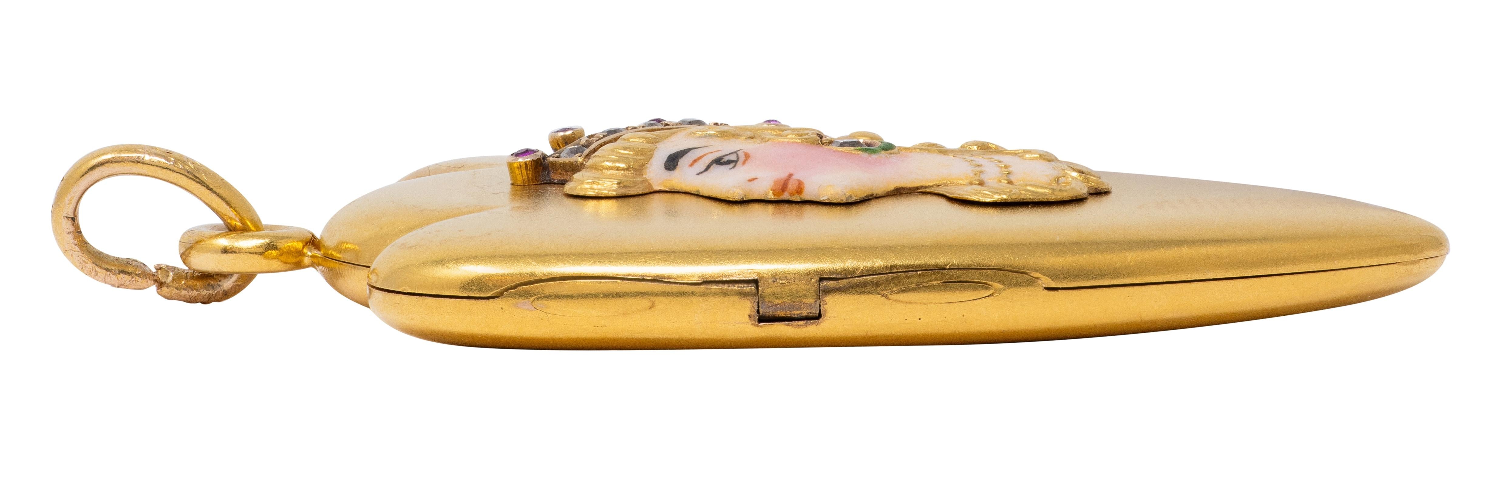 Art Nouveau Ruby Diamond Enamel 14K Yellow Gold Antique Princess Locket Pendant