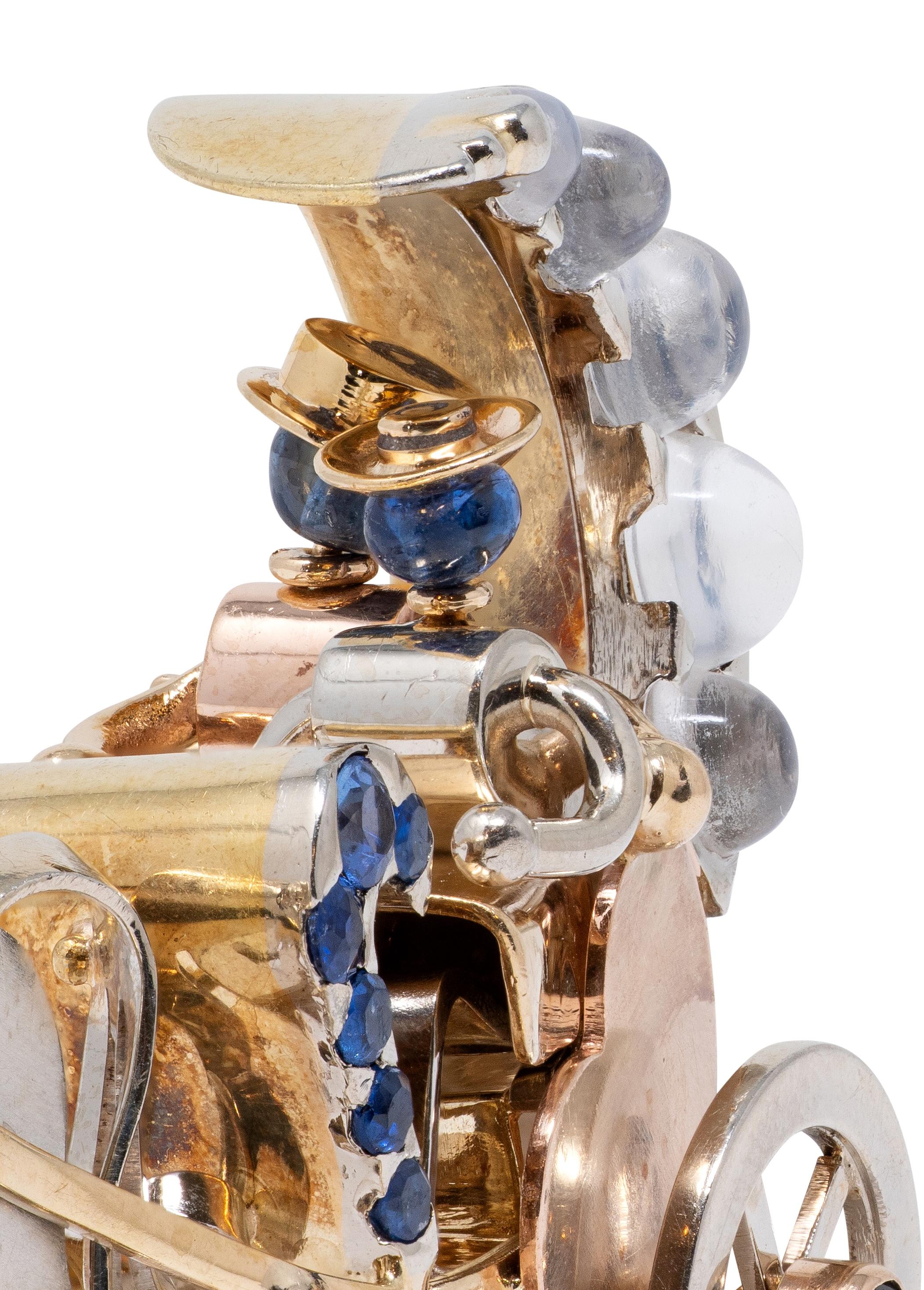 Retro Ruby Sapphire Moonstone 14 Karat Tri-Gold Vintage Horse Carriage Brooch