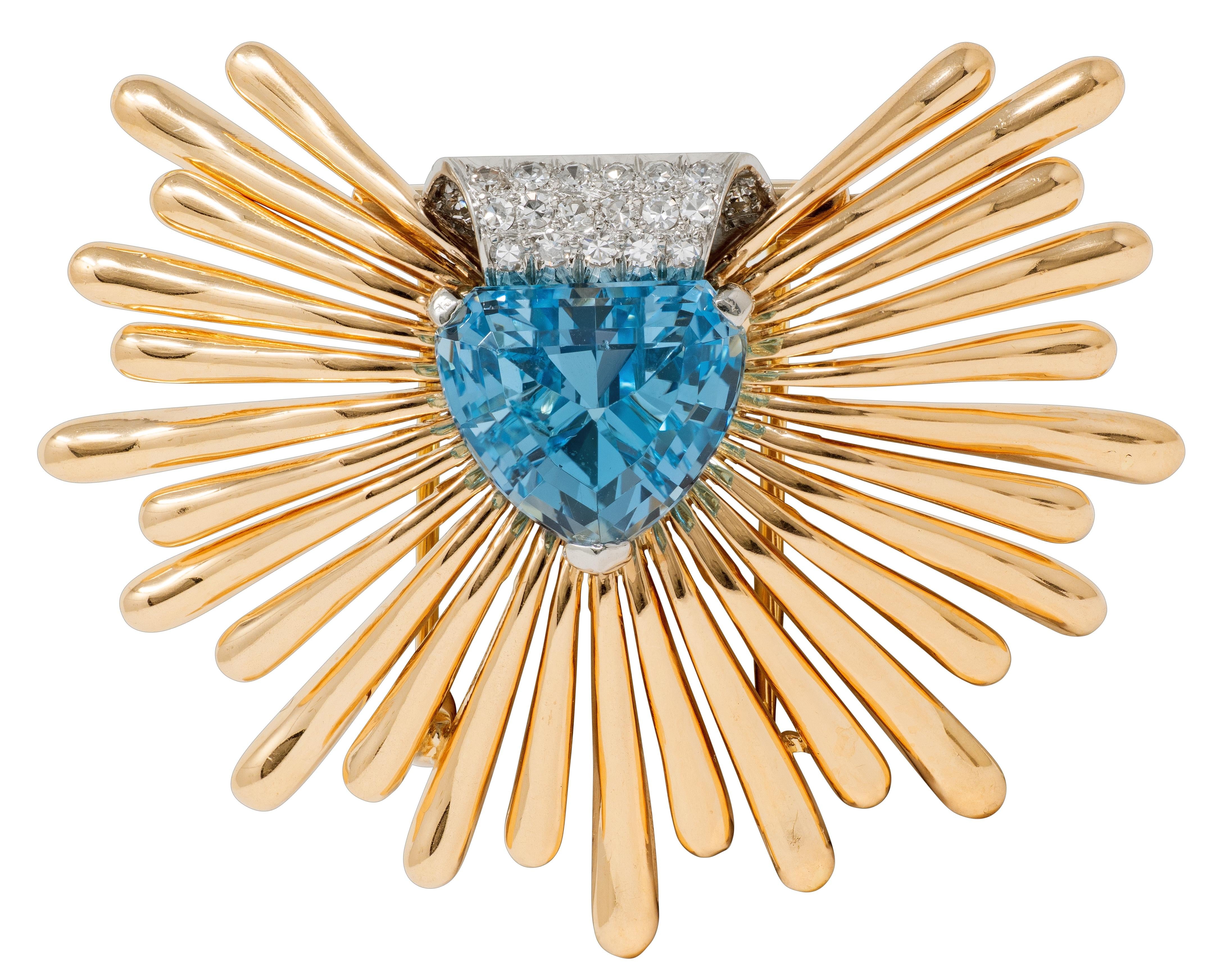 Retro 1940's Aquamarine Diamond Platinum 14K Yellow Gold Vintage Fanning Brooch