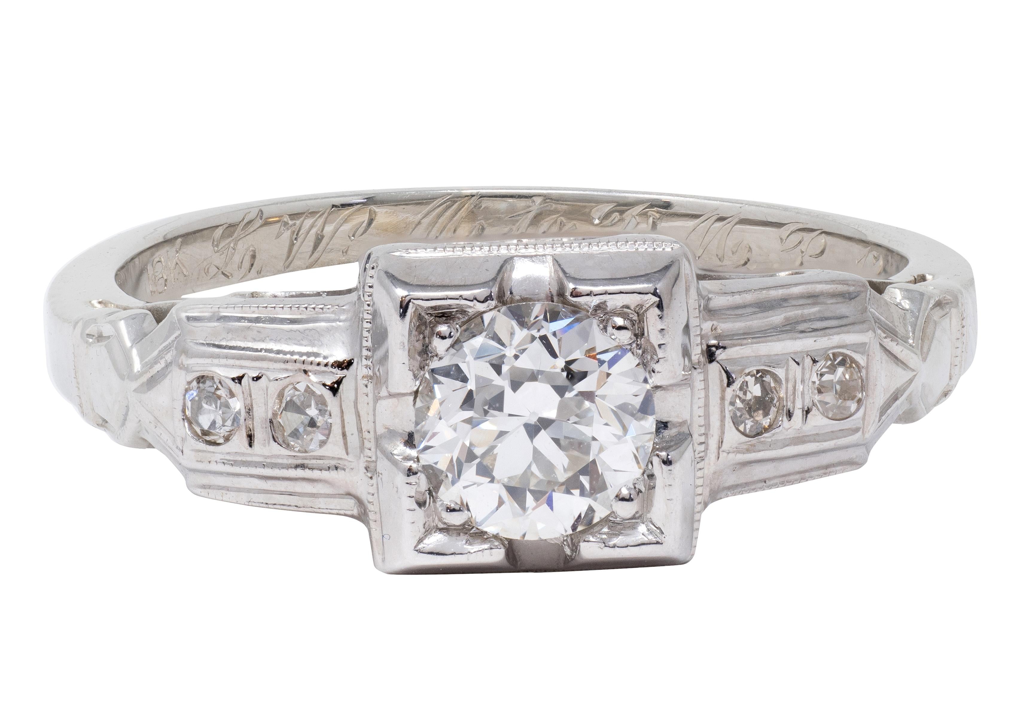 1933 Art Deco Old European Cut Diamond 18K White Gold Vintage Engagement Ring