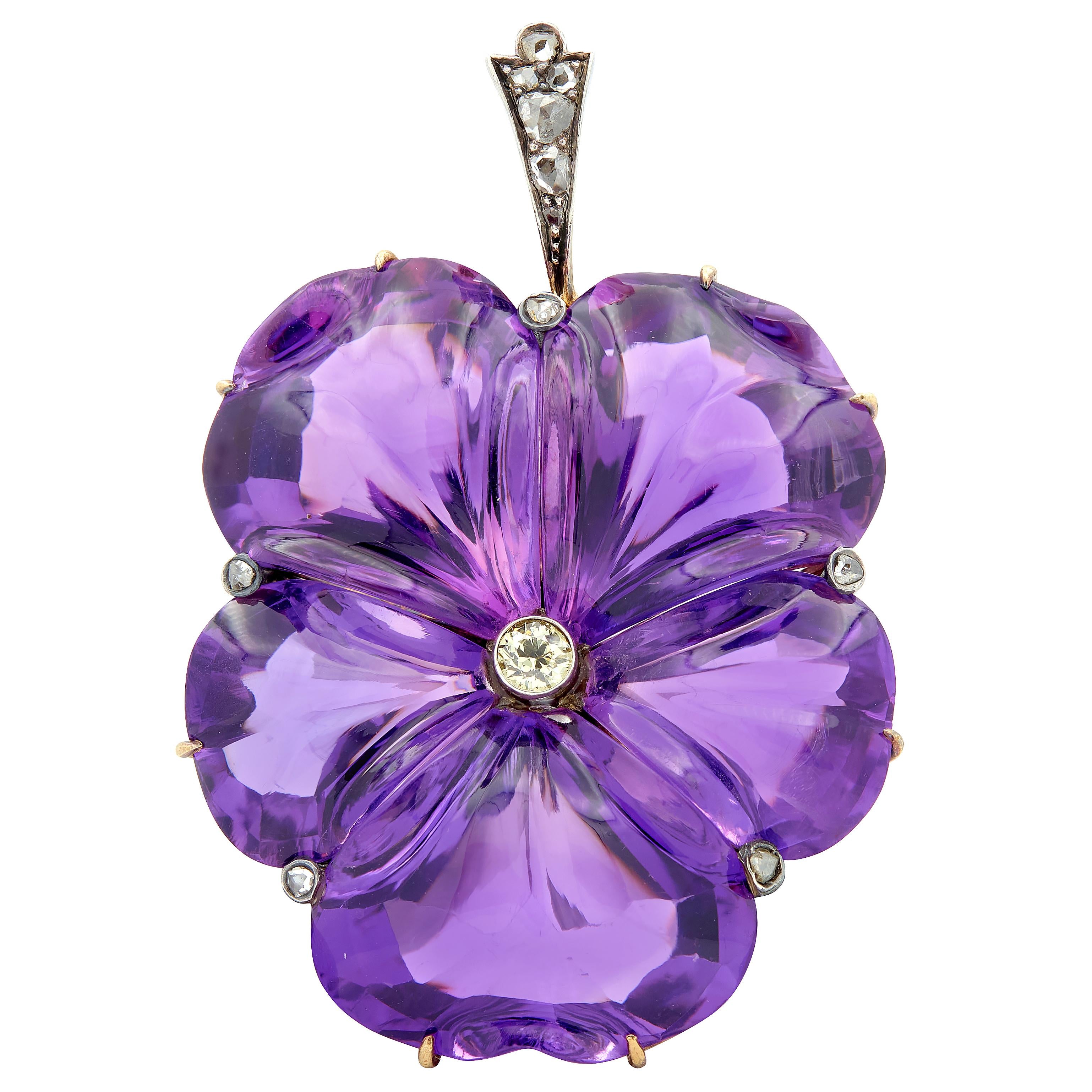 Victorian 1850 Amethyst Diamond Silver 14 Karat Rose Gold Antique Pansy Pendant