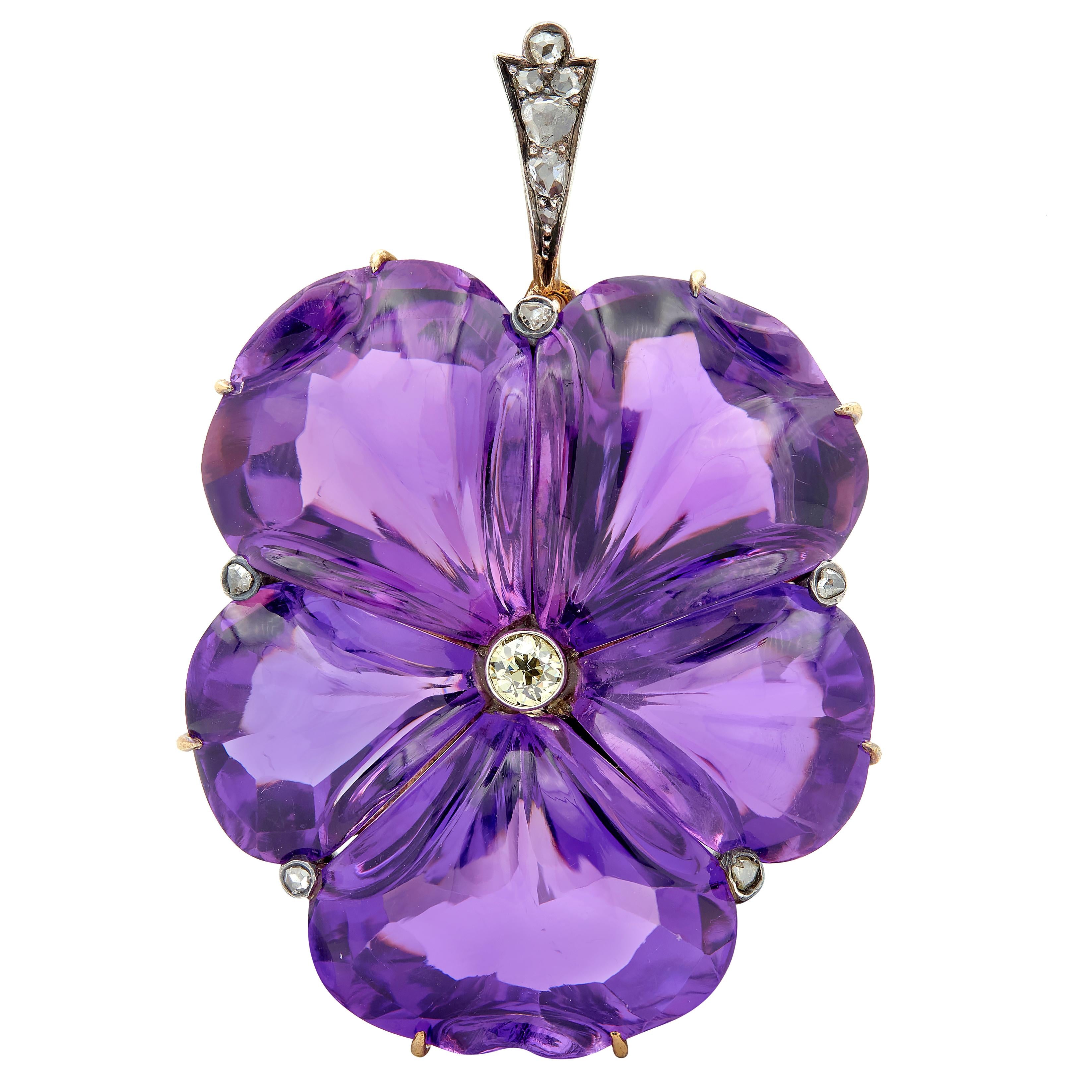 Victorian 1850 Amethyst Diamond Silver 14 Karat Rose Gold Antique Pansy Pendant