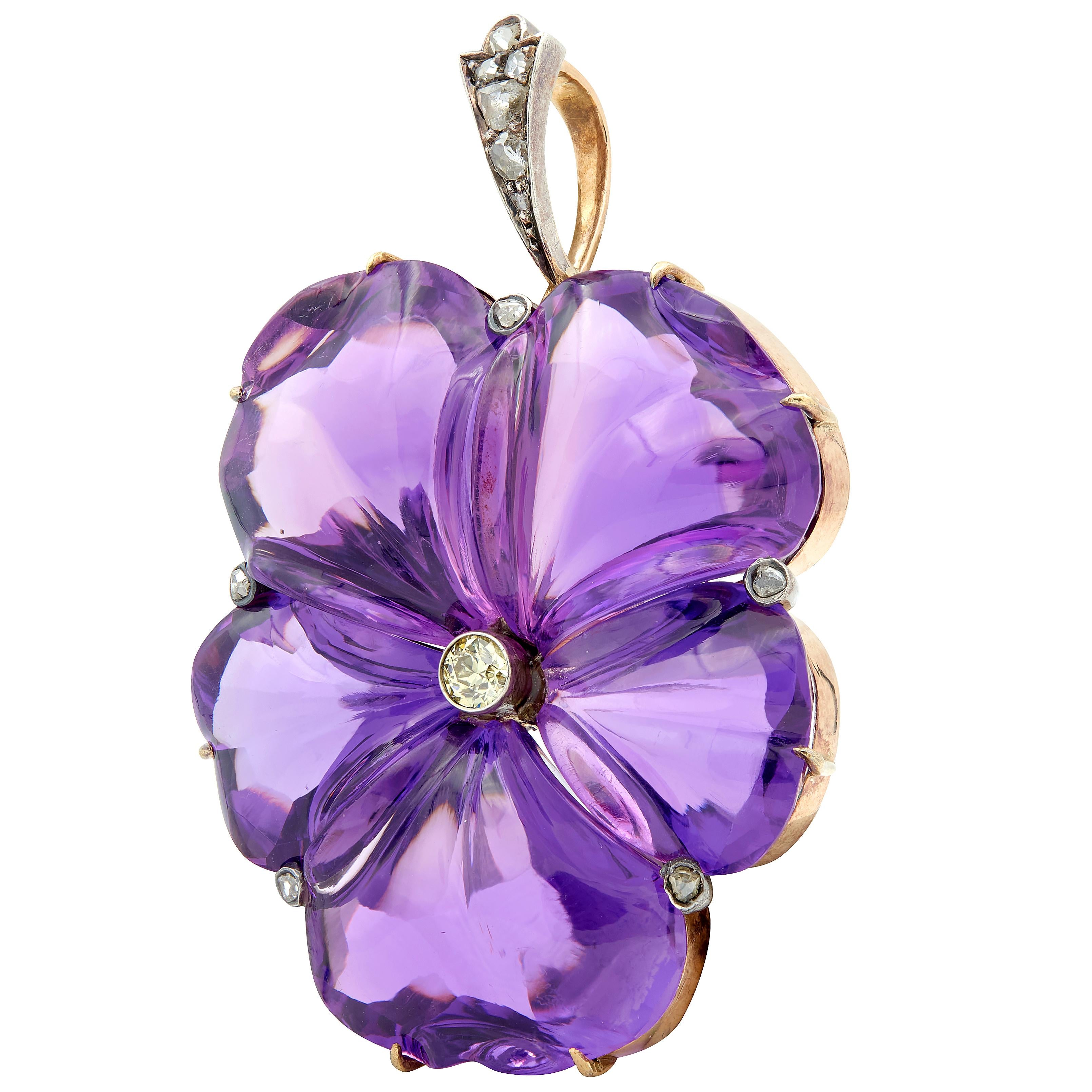 Victorian 1850 Amethyst Diamond Silver 14 Karat Rose Gold Antique Pansy Pendant
