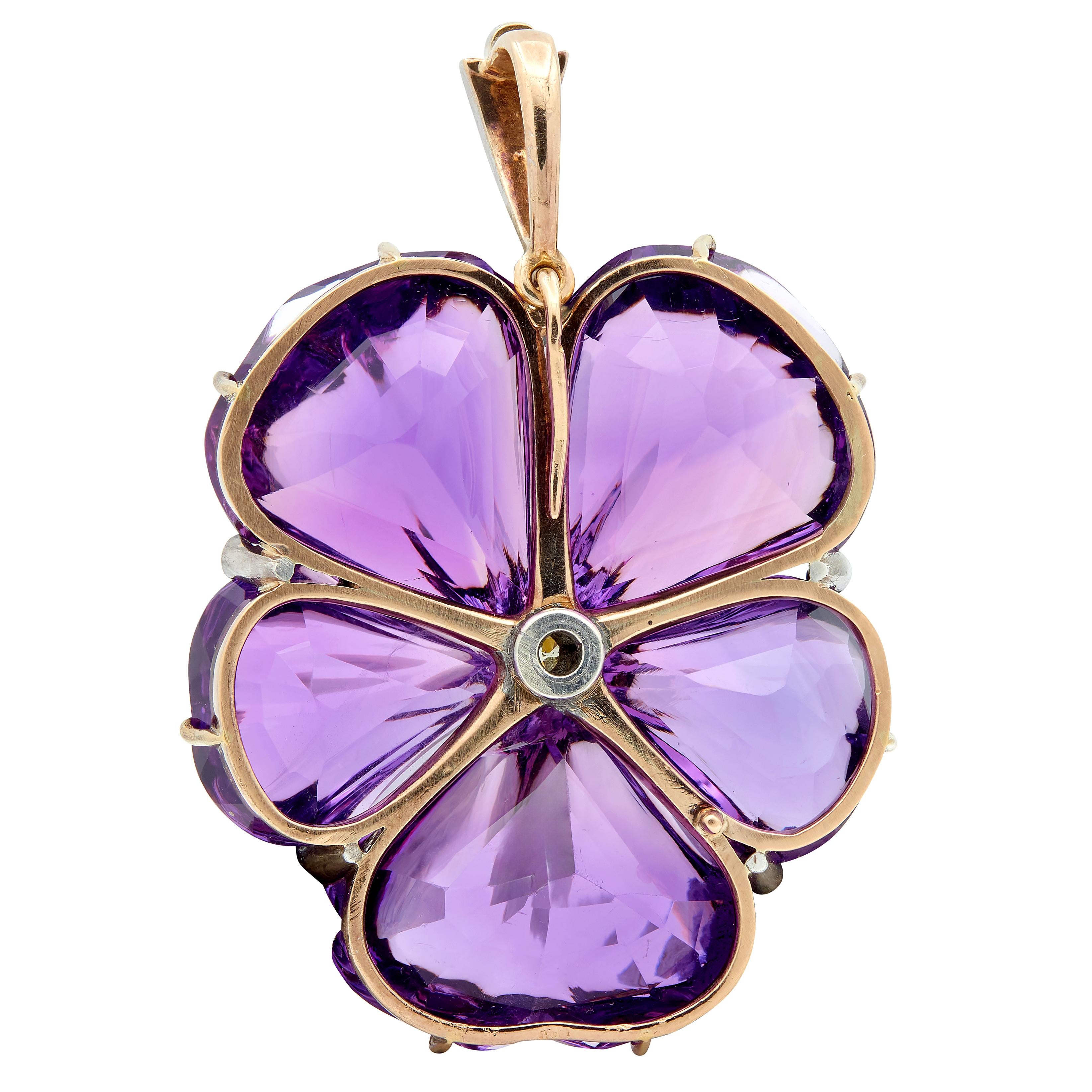 Victorian 1850 Amethyst Diamond Silver 14 Karat Rose Gold Antique Pansy Pendant