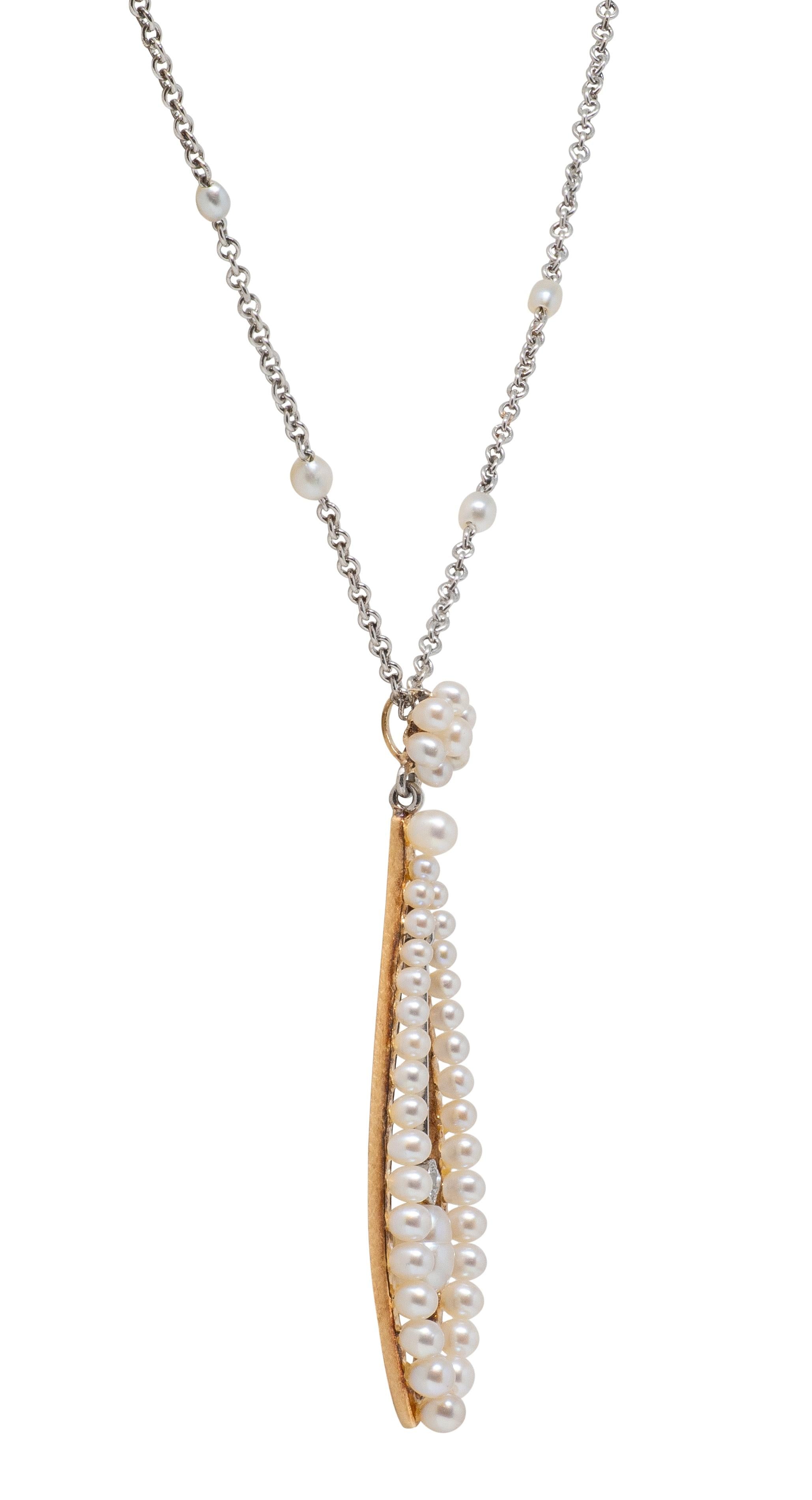 Edwardian Diamond Pearl Platinum 14 Karat Yellow Gold Antique Pendant Necklace