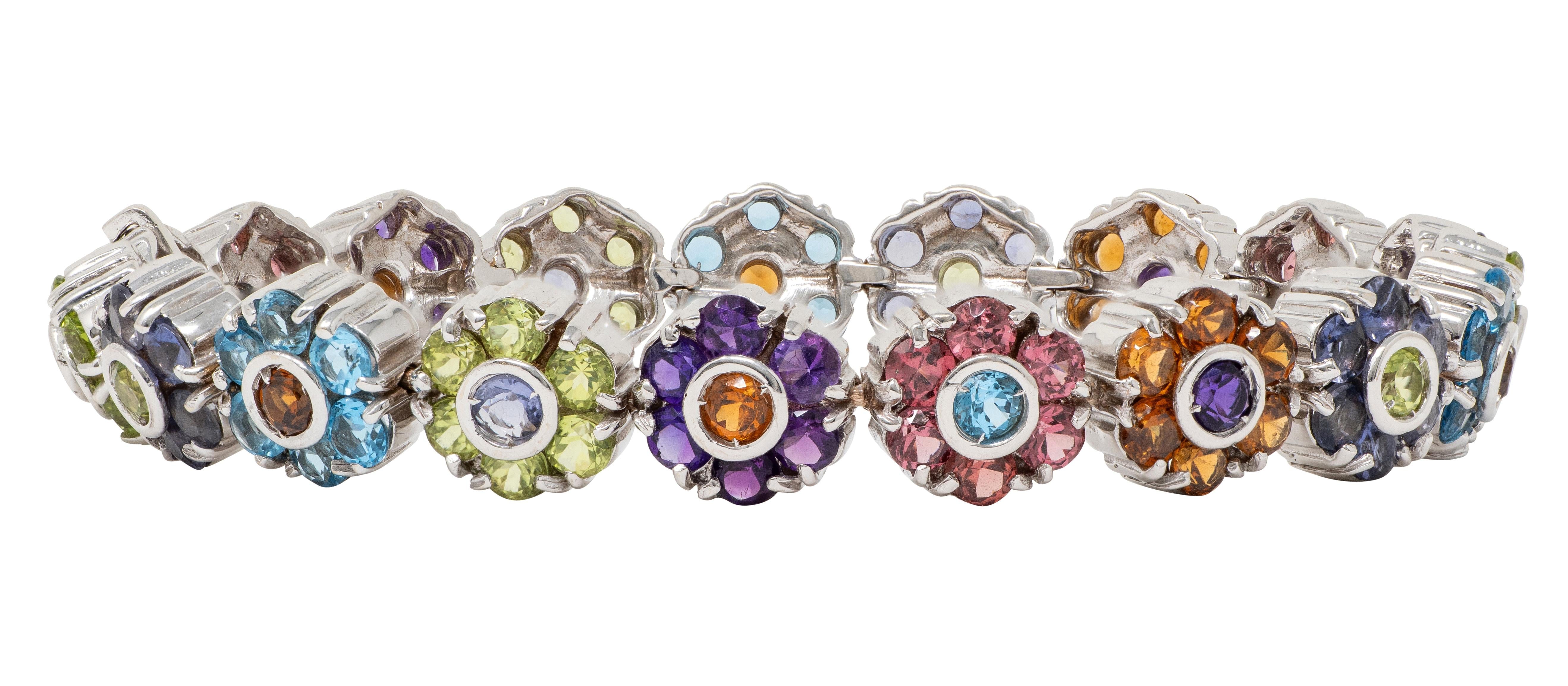 Contemporary Multi-Gem 18 Karat White Gold Floral Link Bracelet