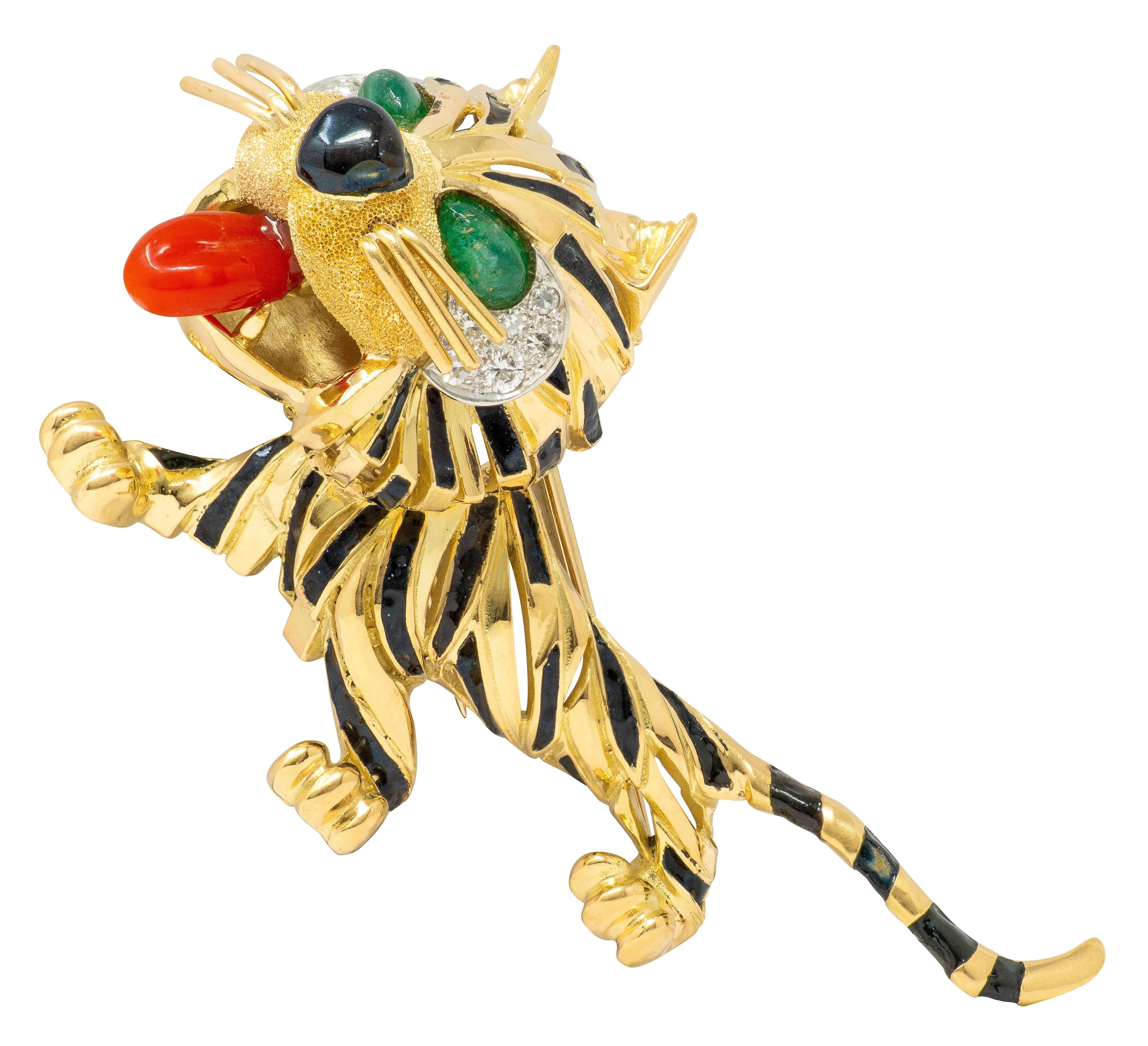 Van Cleef & Arpels Emerald Diamond Enamel 18K Yellow Gold Vintage Tiger Brooch