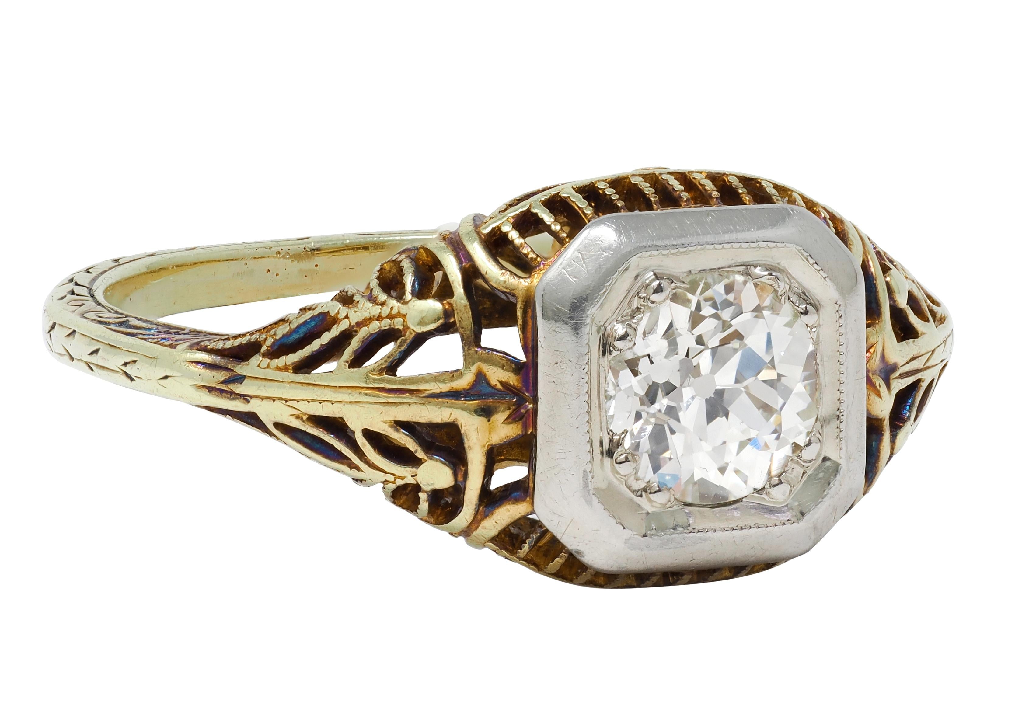 Edwardian Old European Cut Diamond 14 Karat Gold Foliate Engagement Ring