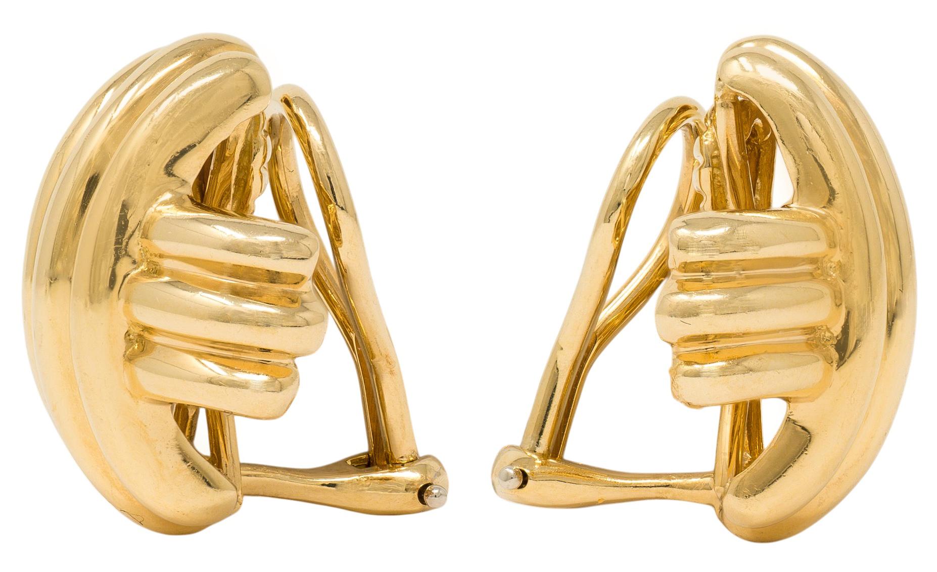 Tiffany & Co. 1990's 18K Yellow Gold Fluted X Kiss Vintage Ear-Clip Earrings