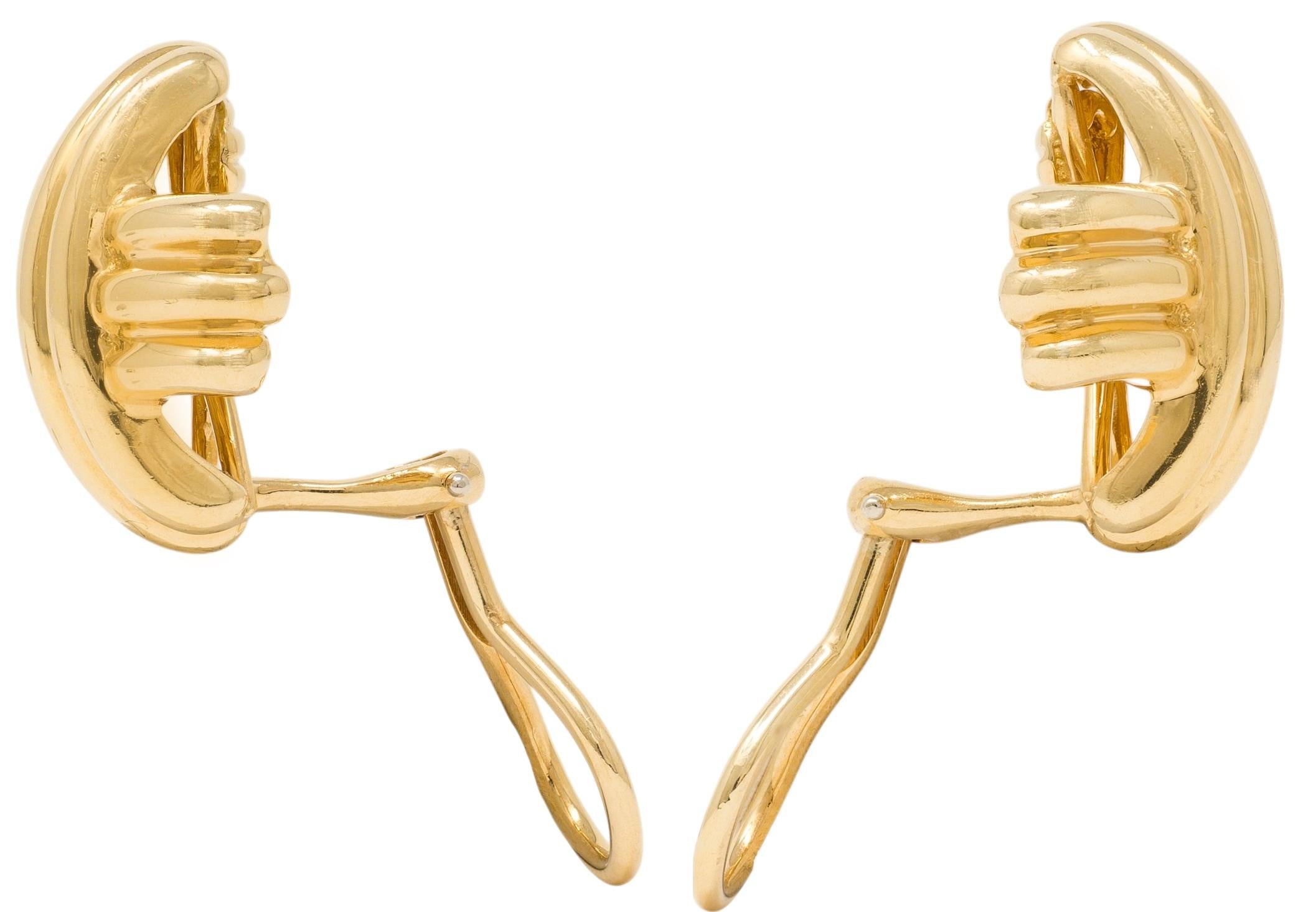 Tiffany & Co. 1990's 18K Yellow Gold Fluted X Kiss Vintage Ear-Clip Earrings