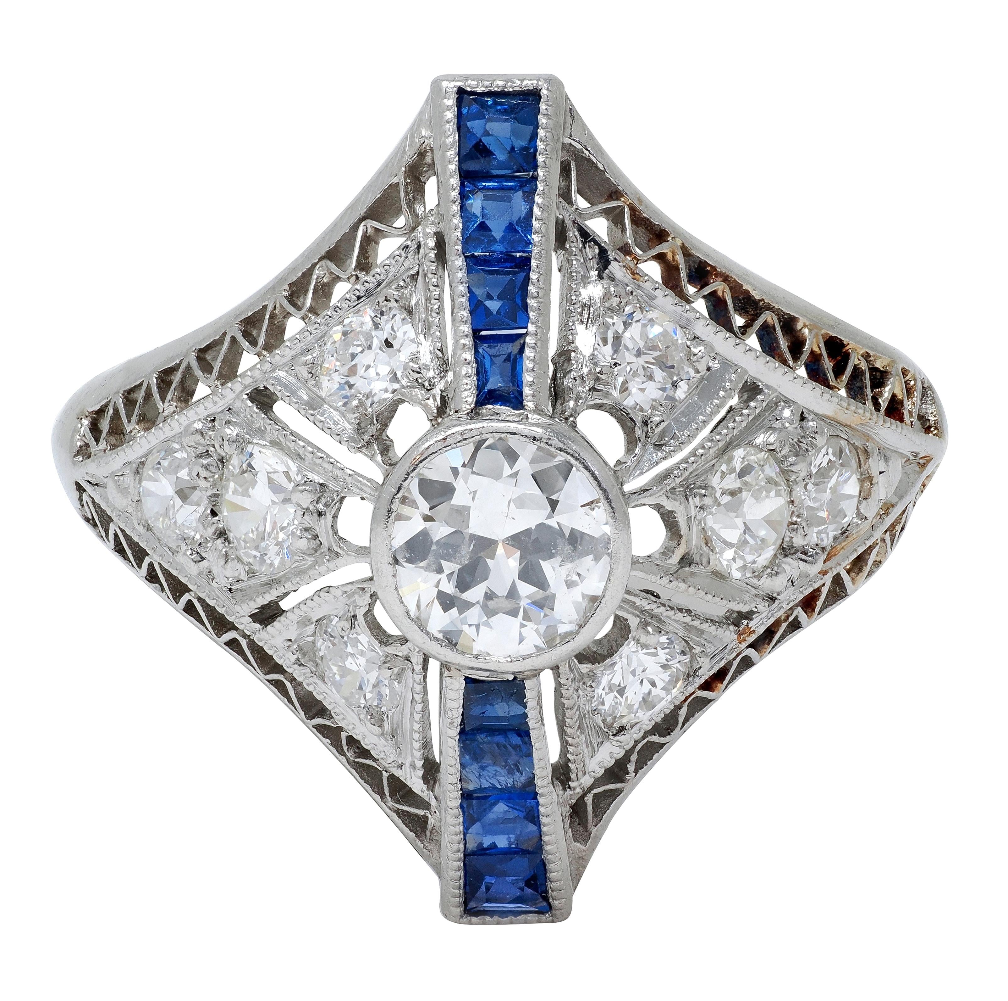 Art Deco Sapphire Diamond Platinum Vintage Zig-Zag Navette Dinner Ring