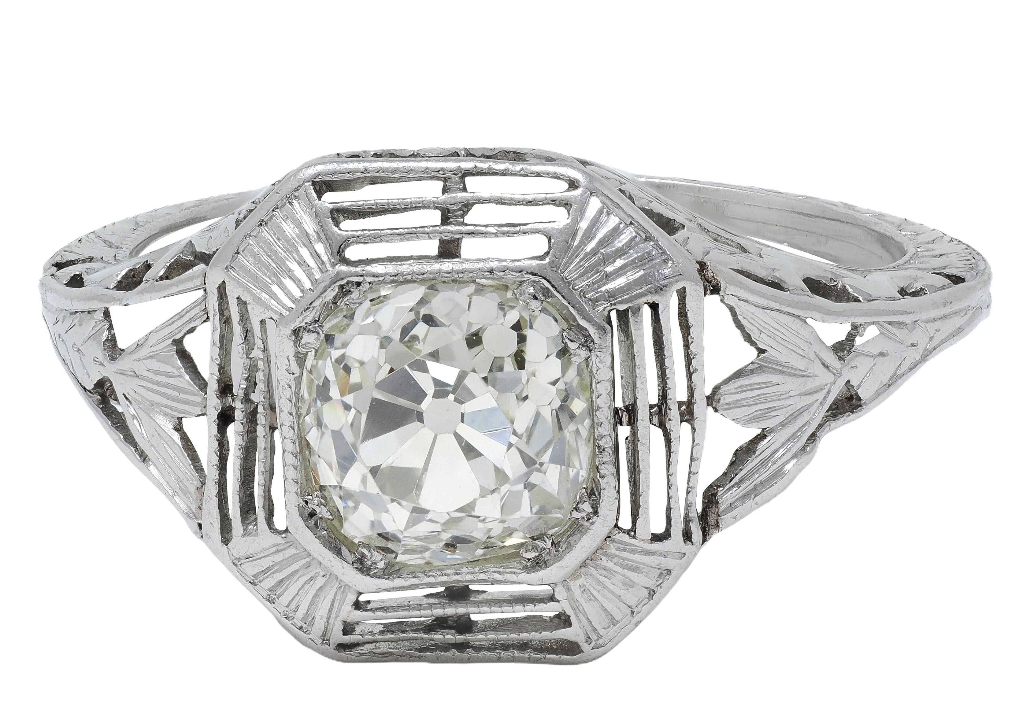 Art Deco 0.87 CTW Old Mine Cut Diamond Platinum Lotus Vintage Engagement Ring