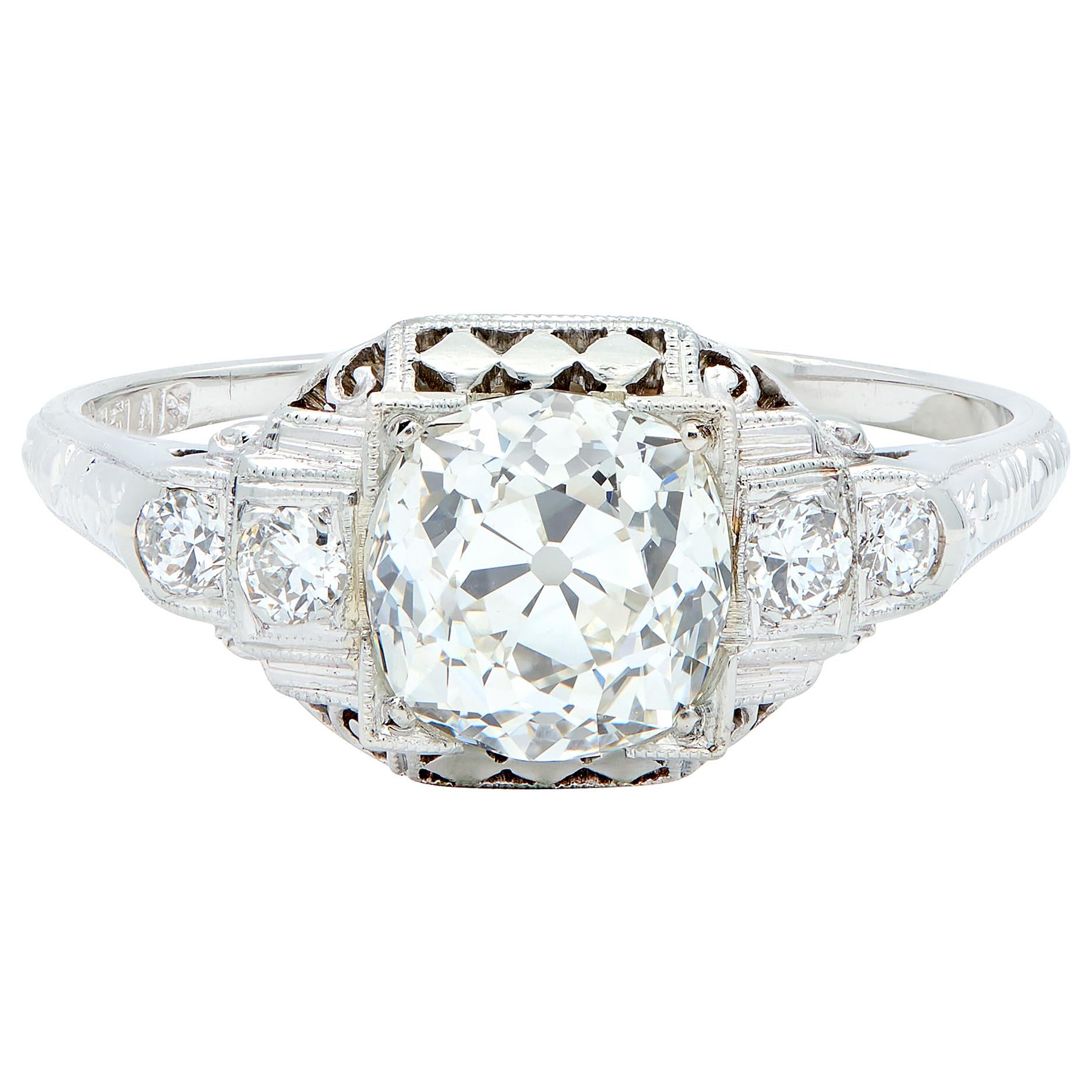 Art Deco 1.58 CTW Old European Diamond 18K Checkerboard Vintage Engagement Ring