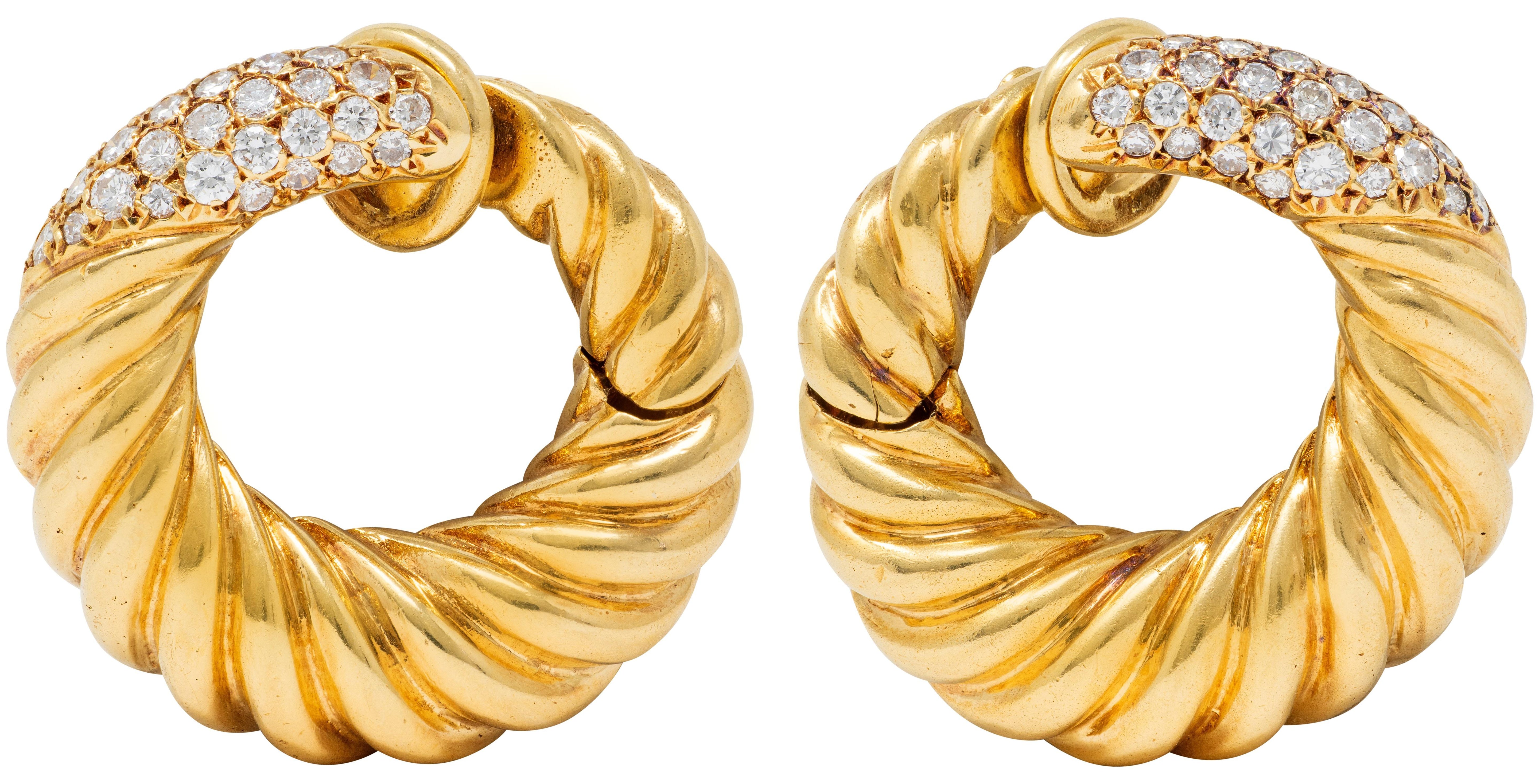 Van Cleef & Arpels 1977 French Diamond 18K Gold Twist Hoop Ear-Clip Earrings
