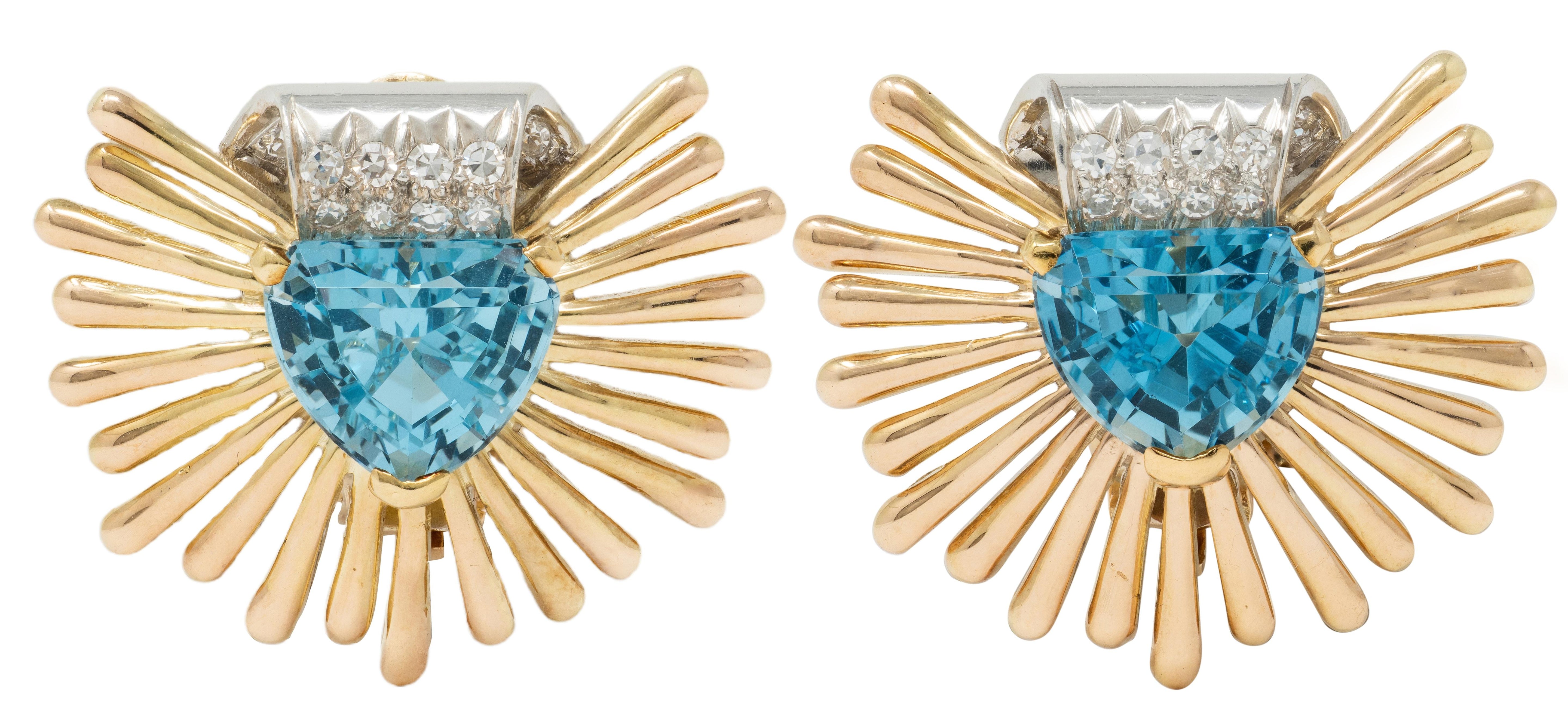 1960's Aquamarine Diamond Platinum 14 Karat Yellow Gold Vintage Fanning Earrings