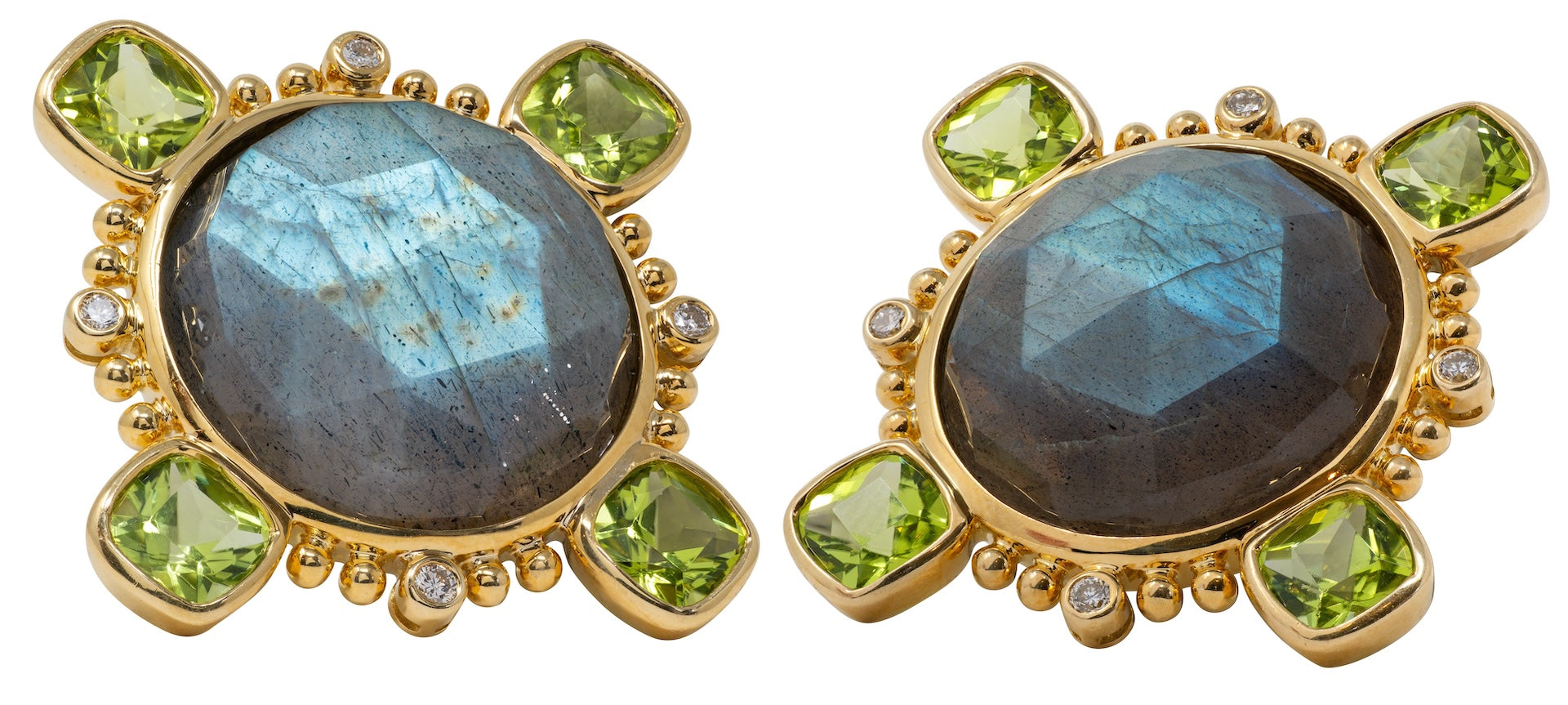 Contemporary Labadorite Peridot Diamond 18 Karat Yellow Gold Quatrefoil Earrings