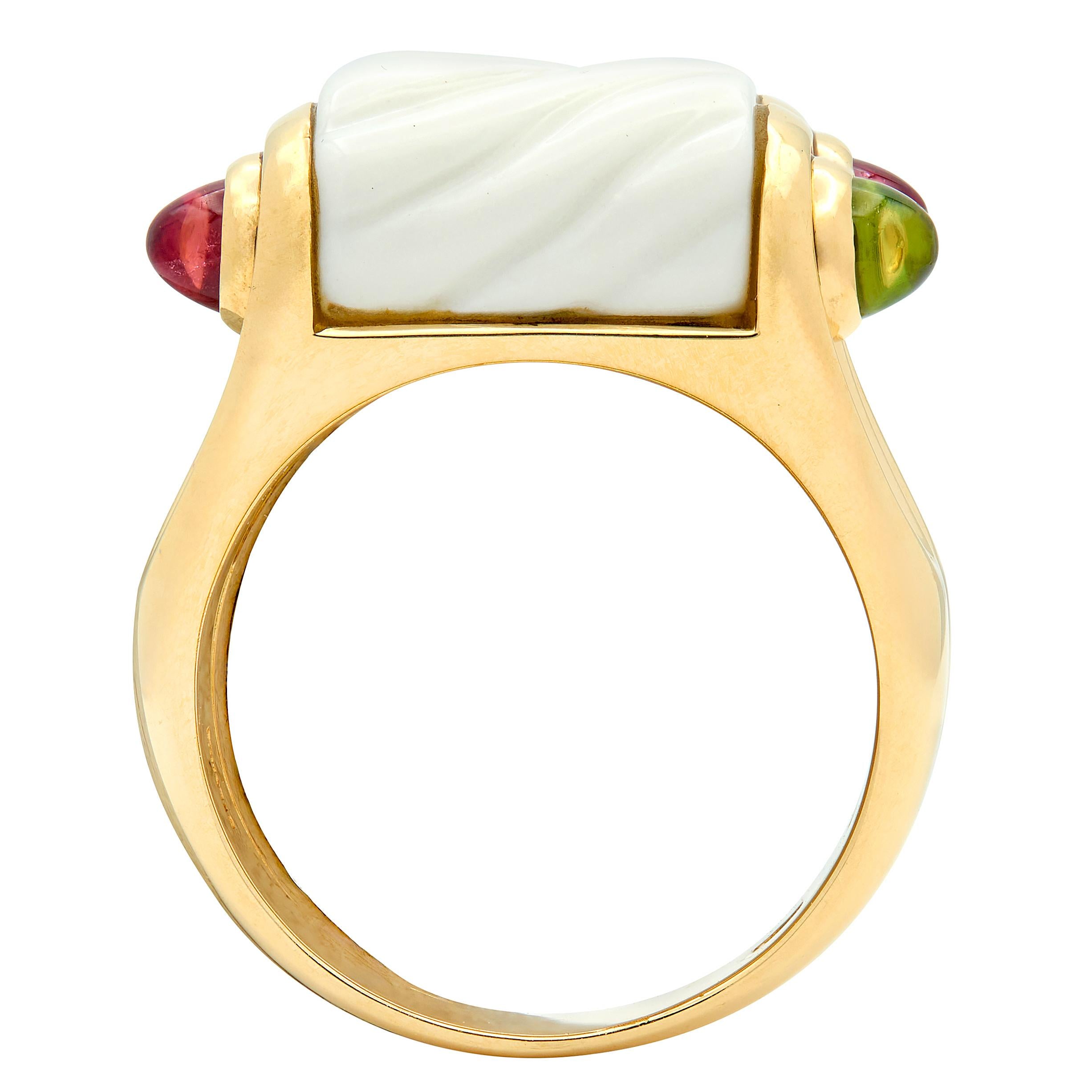 Bulgari Tourmaline Peridot Ceramic 18 Karat Yellow Gold Chandra Ring